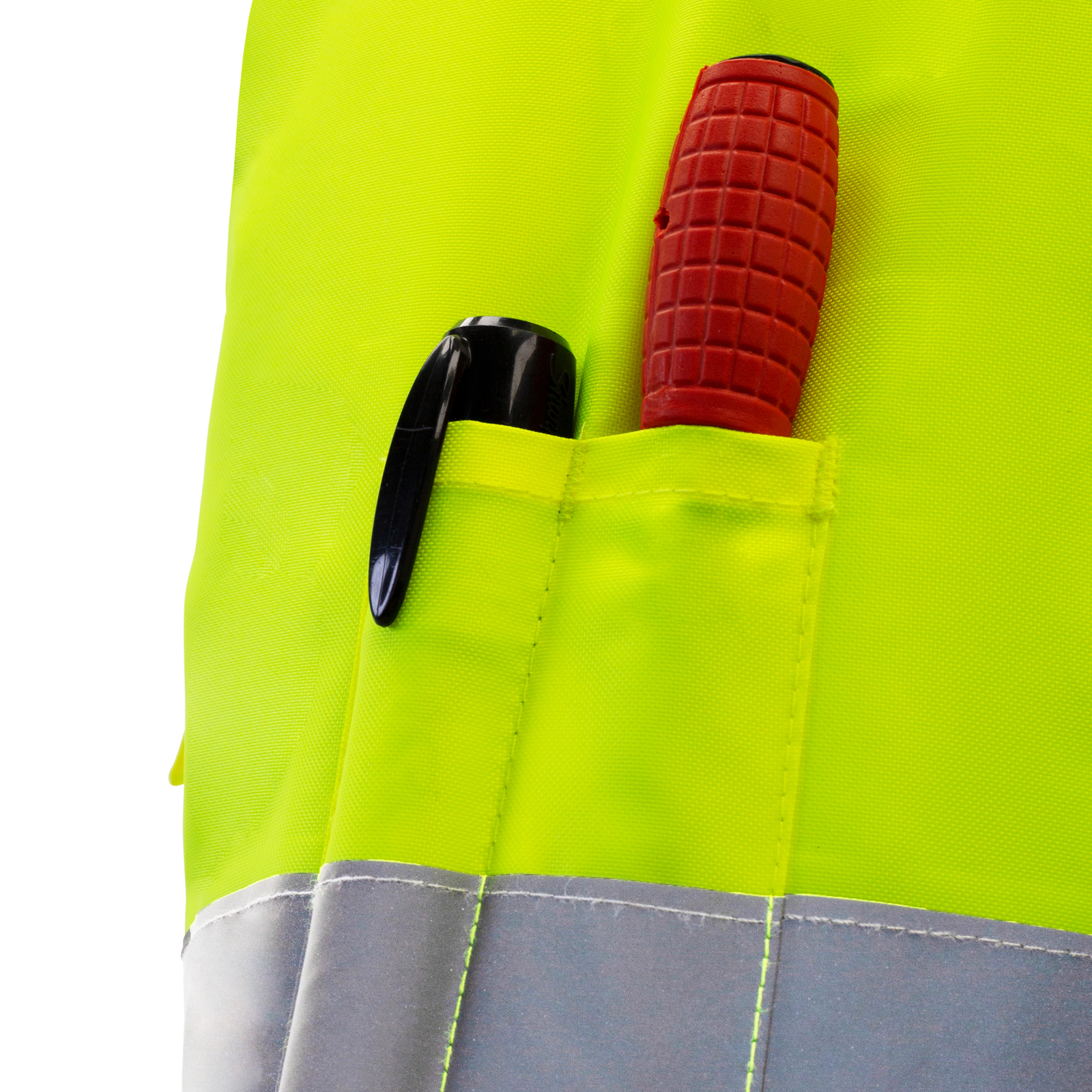 Shows 2 pen  pockets located on one of the sleeves of the JORESTECH Hi visibility reflective jacket with pockets