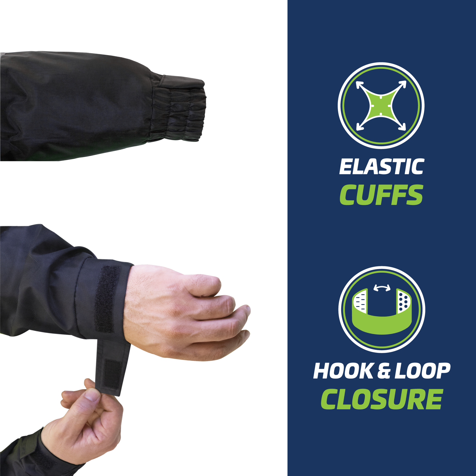 Waterproof hi visibility safety bomber jacket with elastic cuffs and strap closures for size versatility