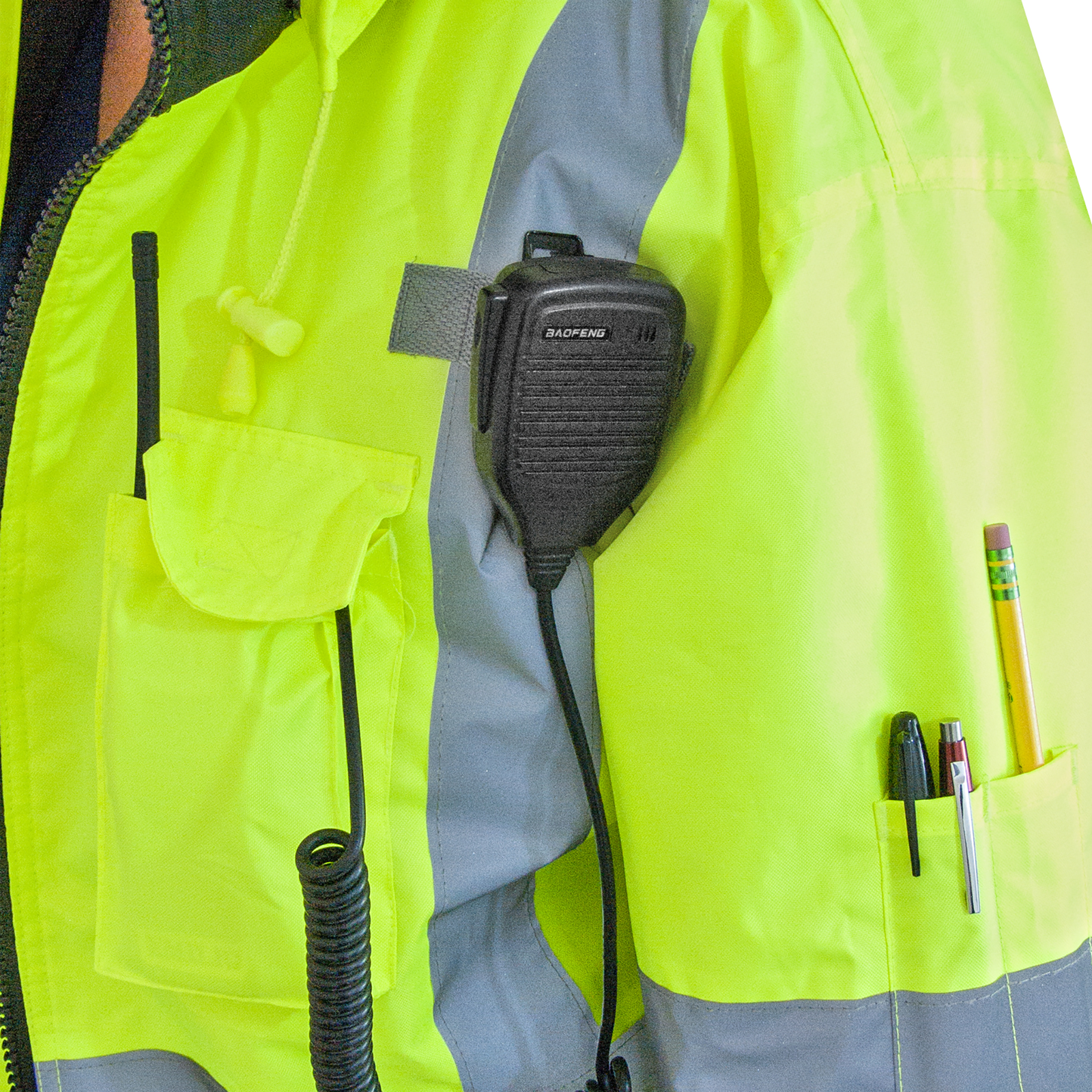 Close up showing the chst pocket and the radio tap of the JORESTECH safety jacket