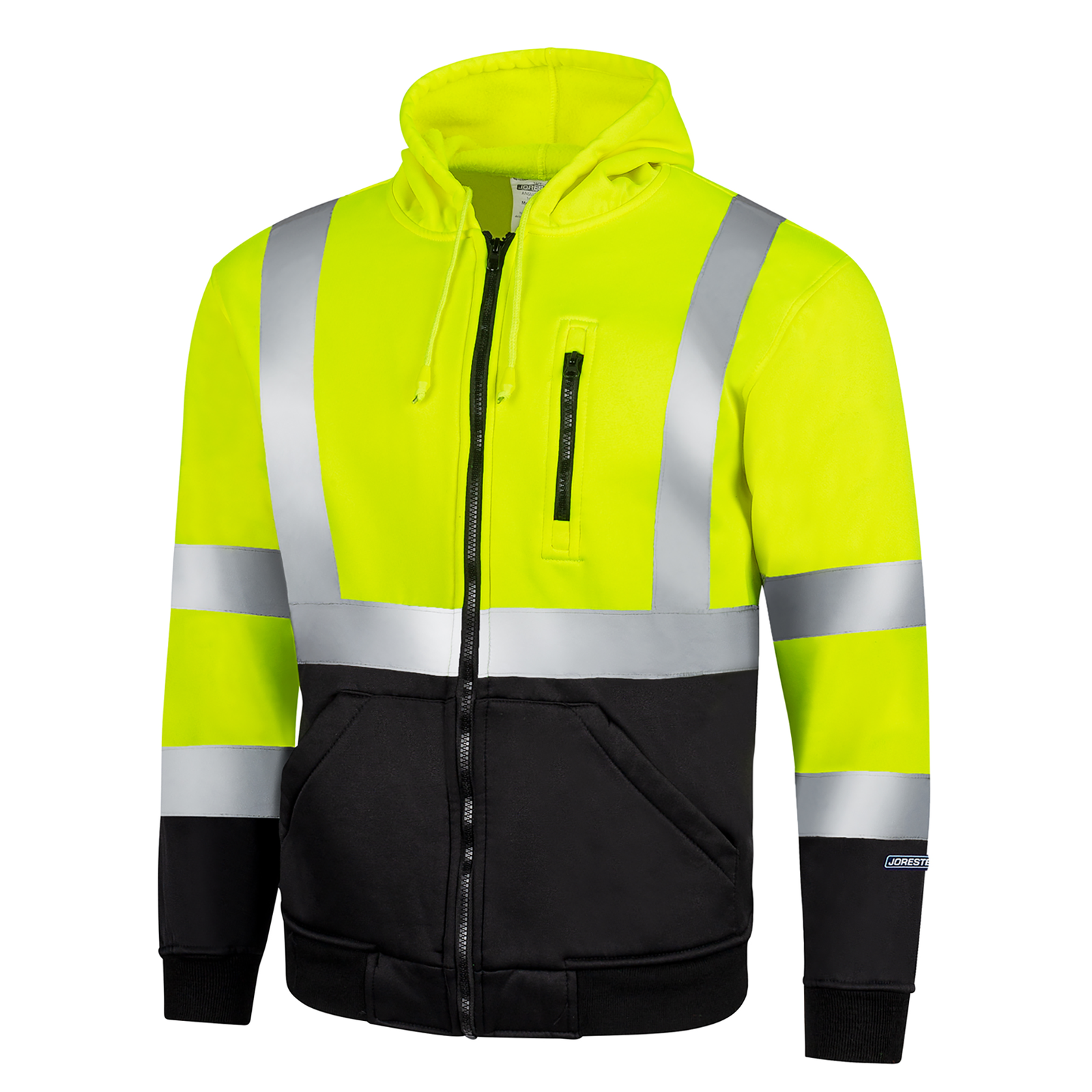 Diagonal view of the JORESTECH hi-vis safety hooded yellow and black sweatshirt with reflective stripes
