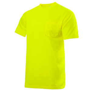 Diagonal view of the Hi-Vis short sleeve yellow lime safety shirt with chest pocket 