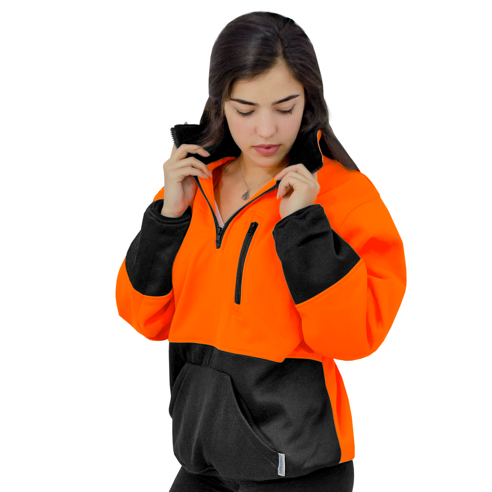 A woman wearing the orange hi-vis safety sweater while holding the fleece collar