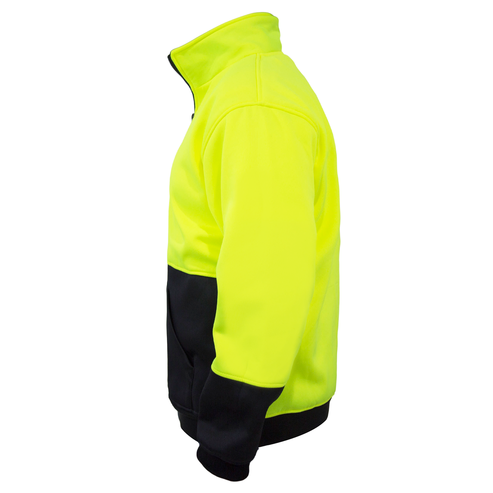 Side view of the hi-vis Yellow black JORESTECH sweatshirt with half zipper