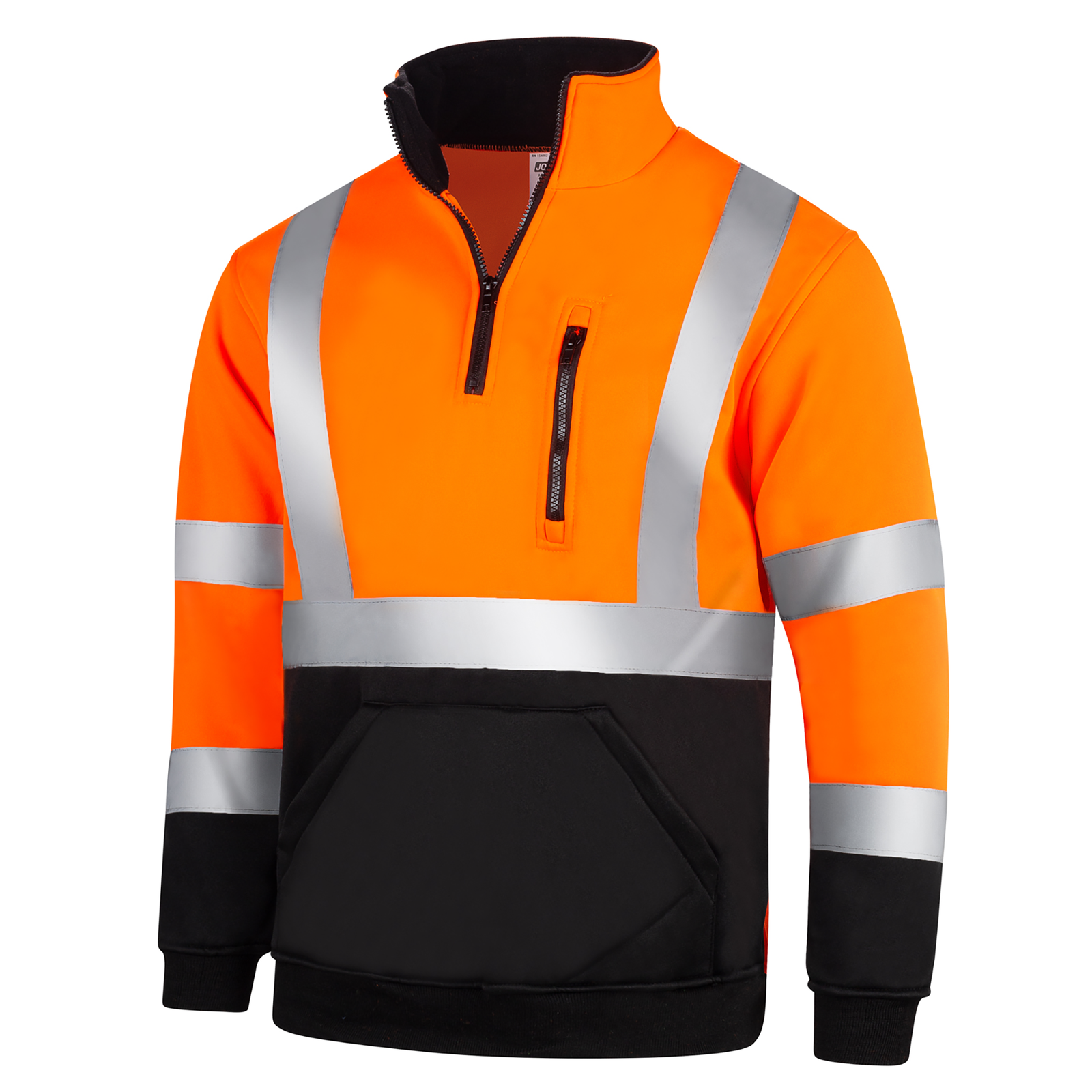 hi-vis safety sweater with reflective stripes, half a zipper, stand collar,  fleece inner layer and a zippered chest pocket