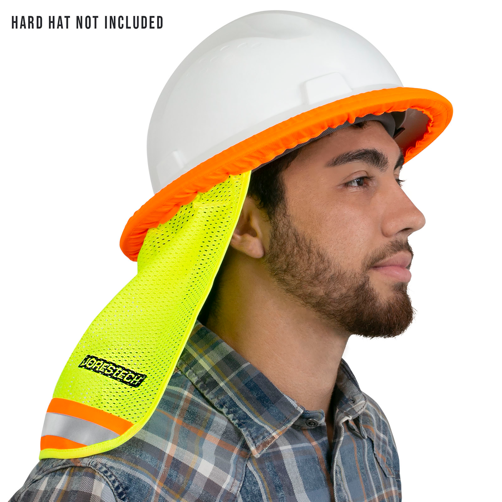 A man wearing a Full brim hard hat with a JORESTECH two tone neck shade