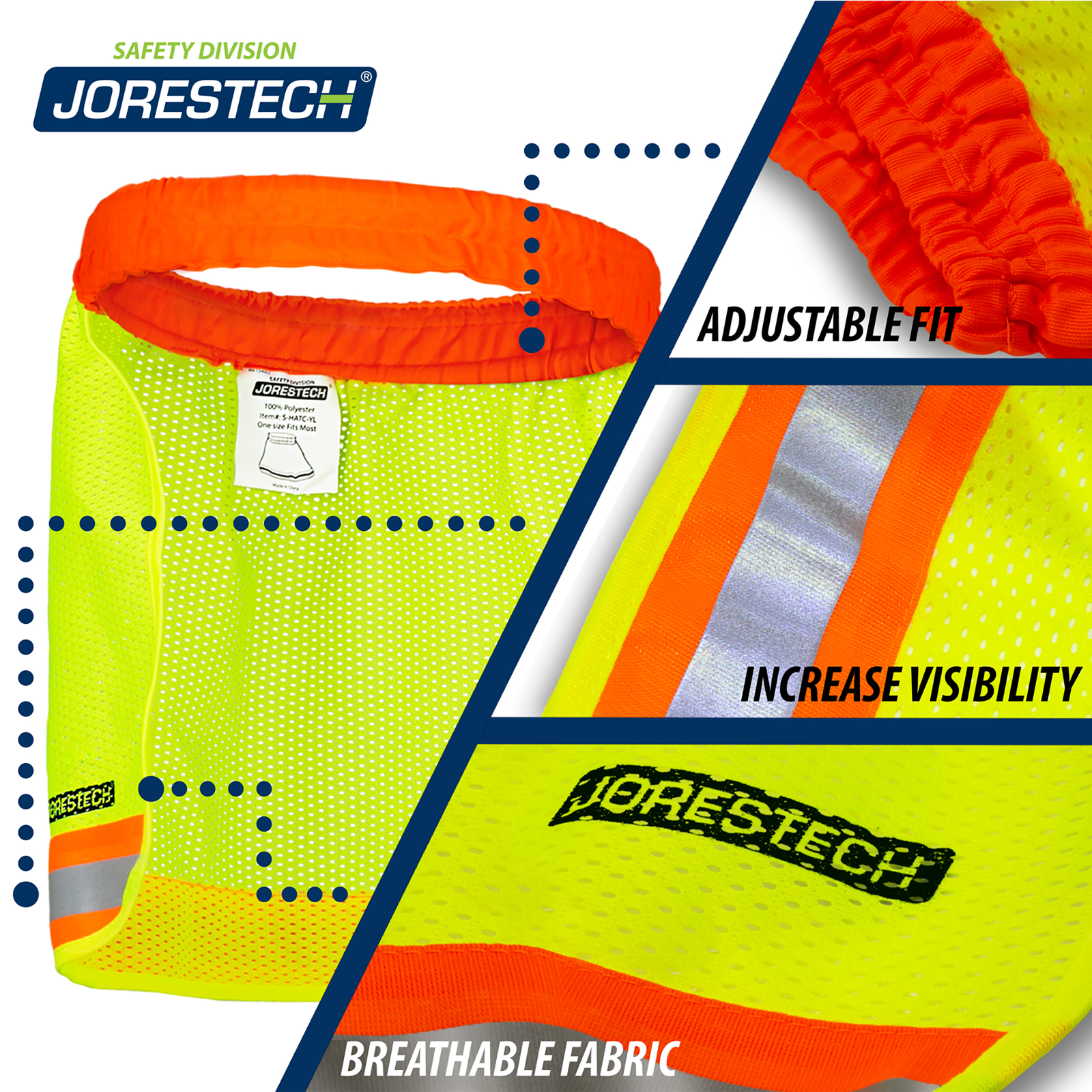 Shows a Hi-vis two tone, Lime and Orange hard hat JORESTECH neck shade with reflective strip and 3 call outs that read: adjustable fit, increase visibility, breathable mesh fabric