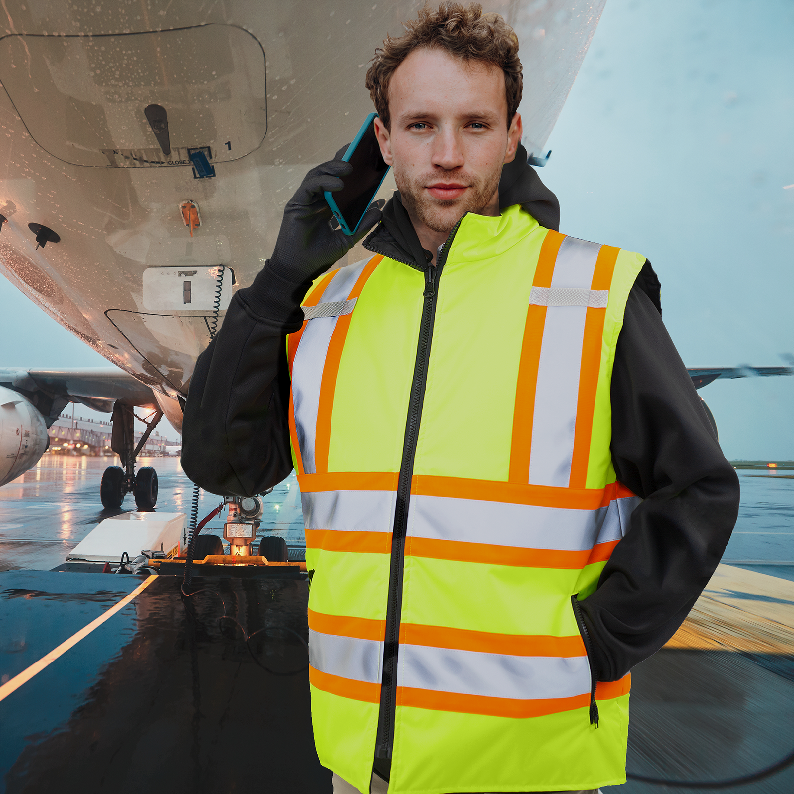 A man wearing the yellow reflective vest for winter protection in the runway of an airport