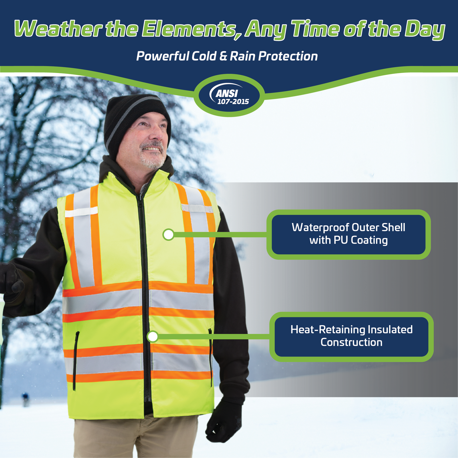 Worker wearing the hi vis 2 tone revertible insulated waterproof ANSI safety vest class 2 type R