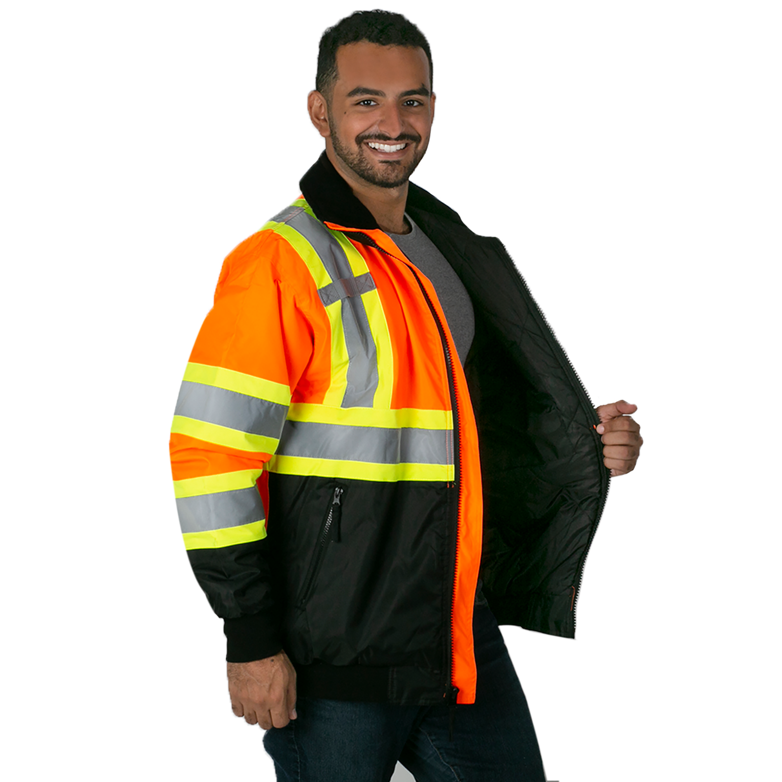 Man wearing the orange JORESTECH Hi-vis two tone safety bomber jacket with reflective stripes and a reflective X on the back