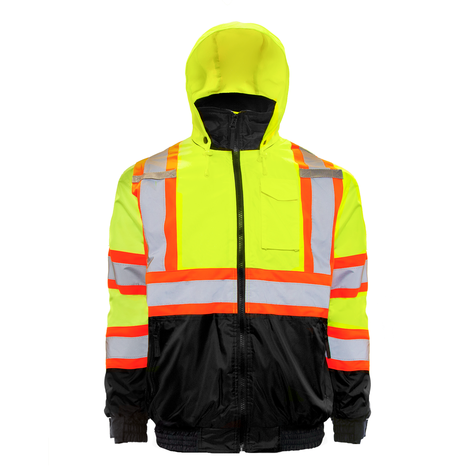 Front view of the yellow and black JORESTECH Hi-vis two tone safety bomber jacket with reflective stripes and hoodie, ANSI class 3 type R