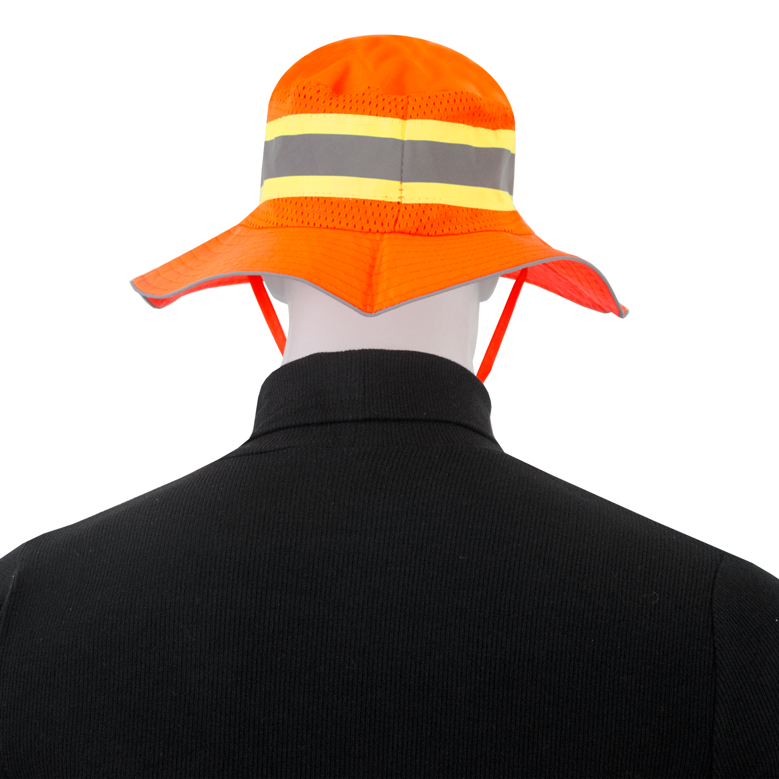 Back view of a mannequin wearing a hi-vis orange JORESTECH safety boonie hat with reflective and lime stripes