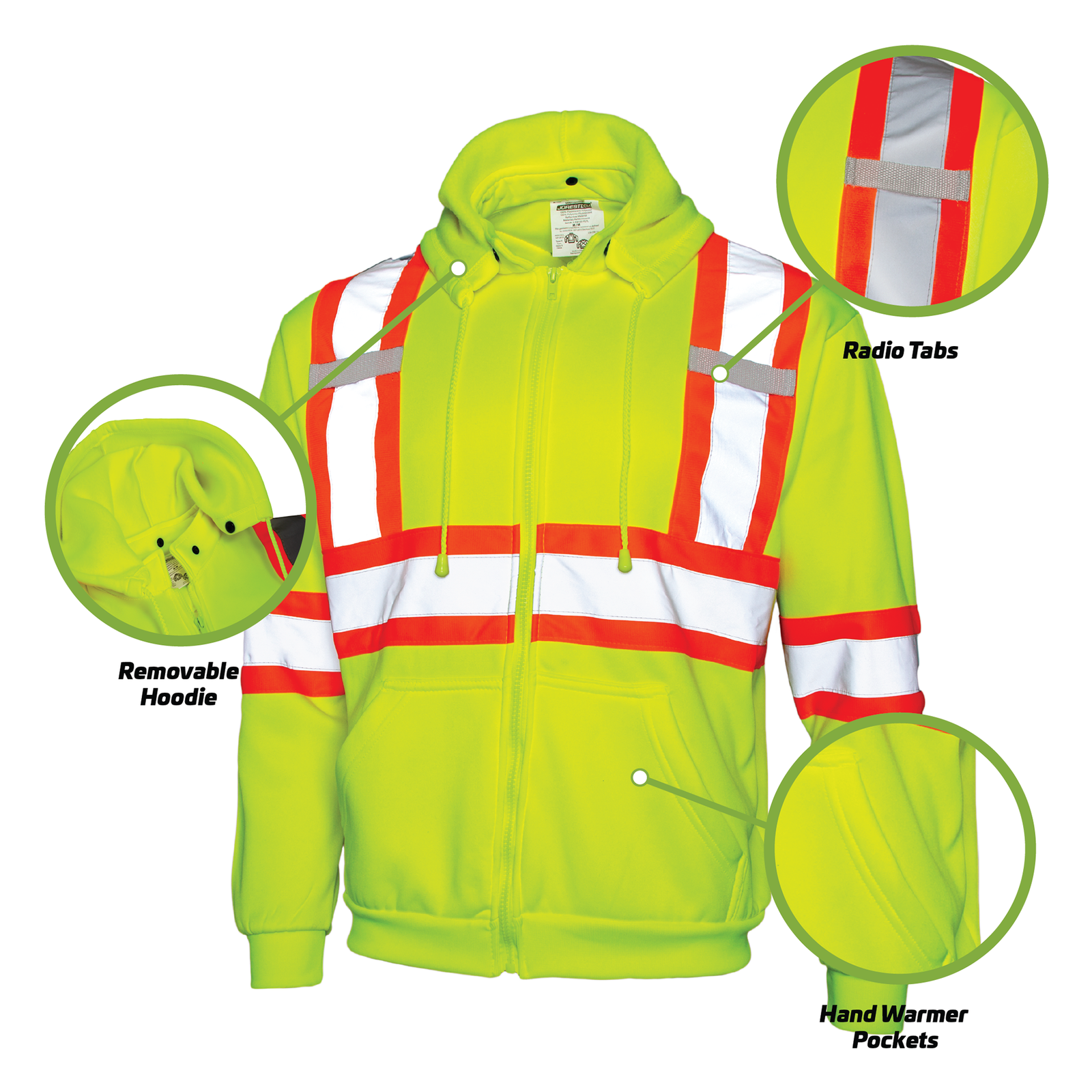 Yellow hi vis sweater and close ups of the radio tap, the removable hood and the hand warmer pocket