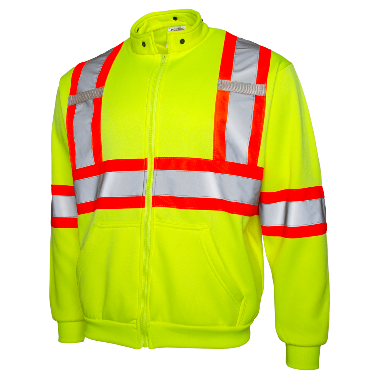 Diagonal view of the lime JORESTECH hi-vis sweater with reflective stripes with full zipper and hood