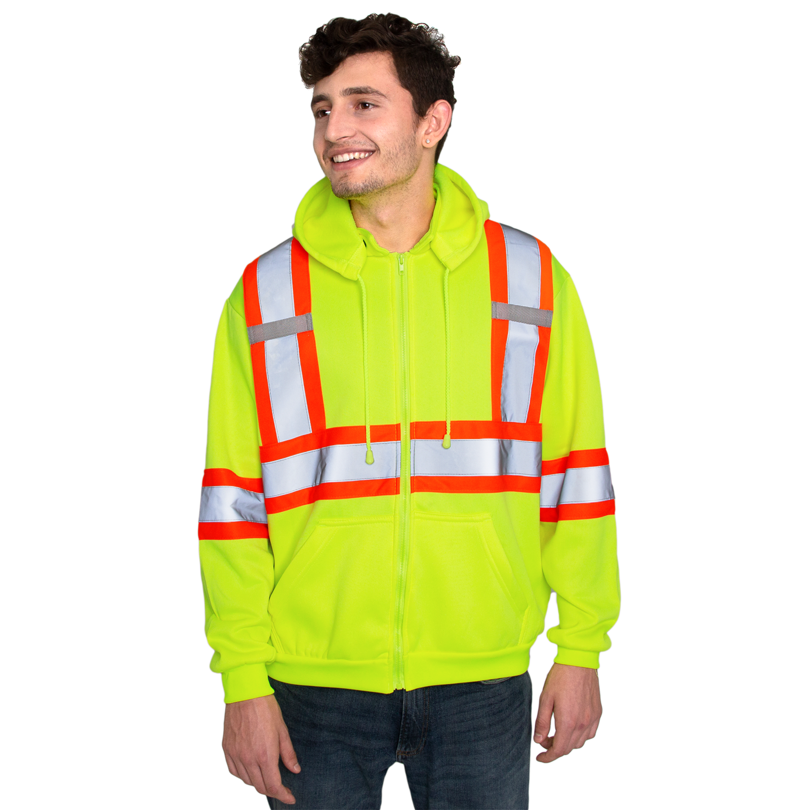 Man wearing the yellow JORESTECH hi vis sweater with reflective and orange contracting stripes.