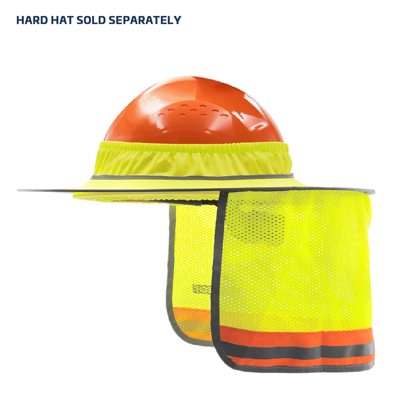 High visibility sun shade and visor for neck shade accessory for hard hats with full brim. Text reads hard hat sold separately. 