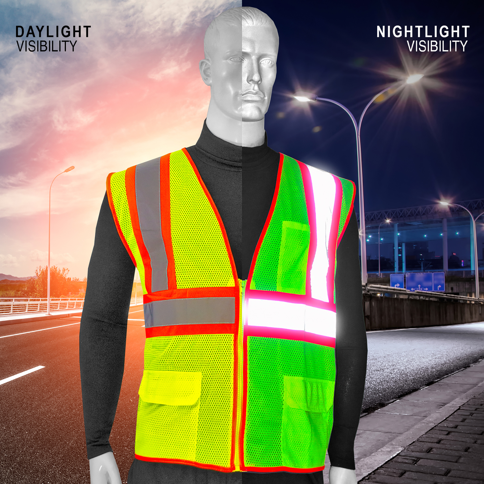 Mannequin wearing a lime Jorestech safety vest and it compares how bright it looks during day and night time