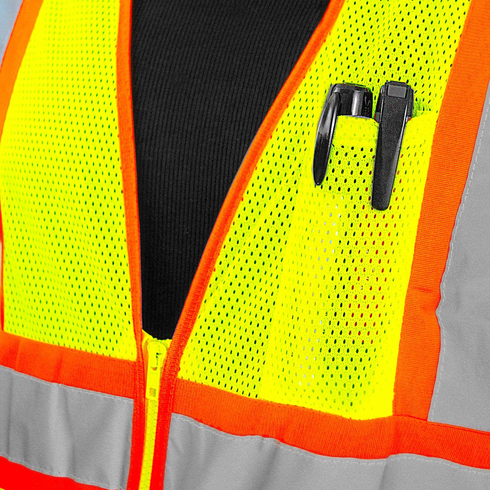 Chest pockets on the lime reflective vest for protection