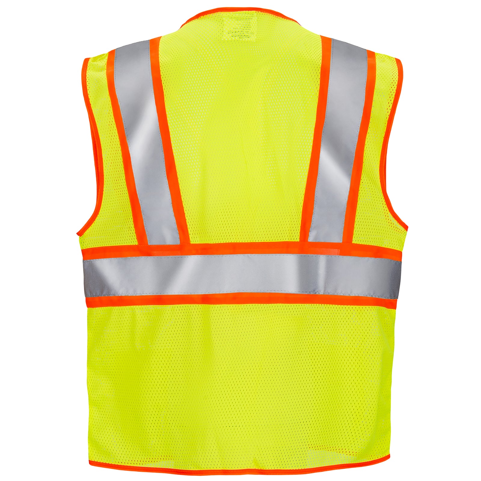 Back view of the hi vis two toned Yellow mesh safety vest with 2 inches reflective strop and pockets