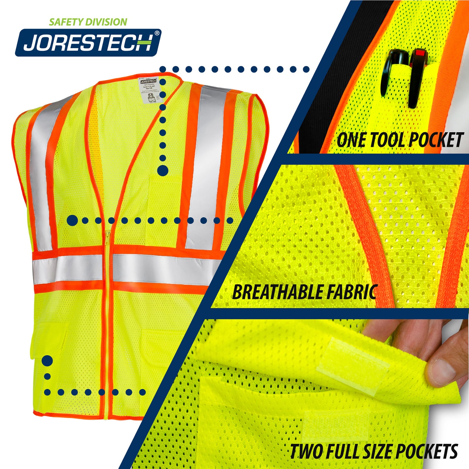 Features the lime safety vest with 3 call outs one tool pocket, breathable fabric and two full size pockets.