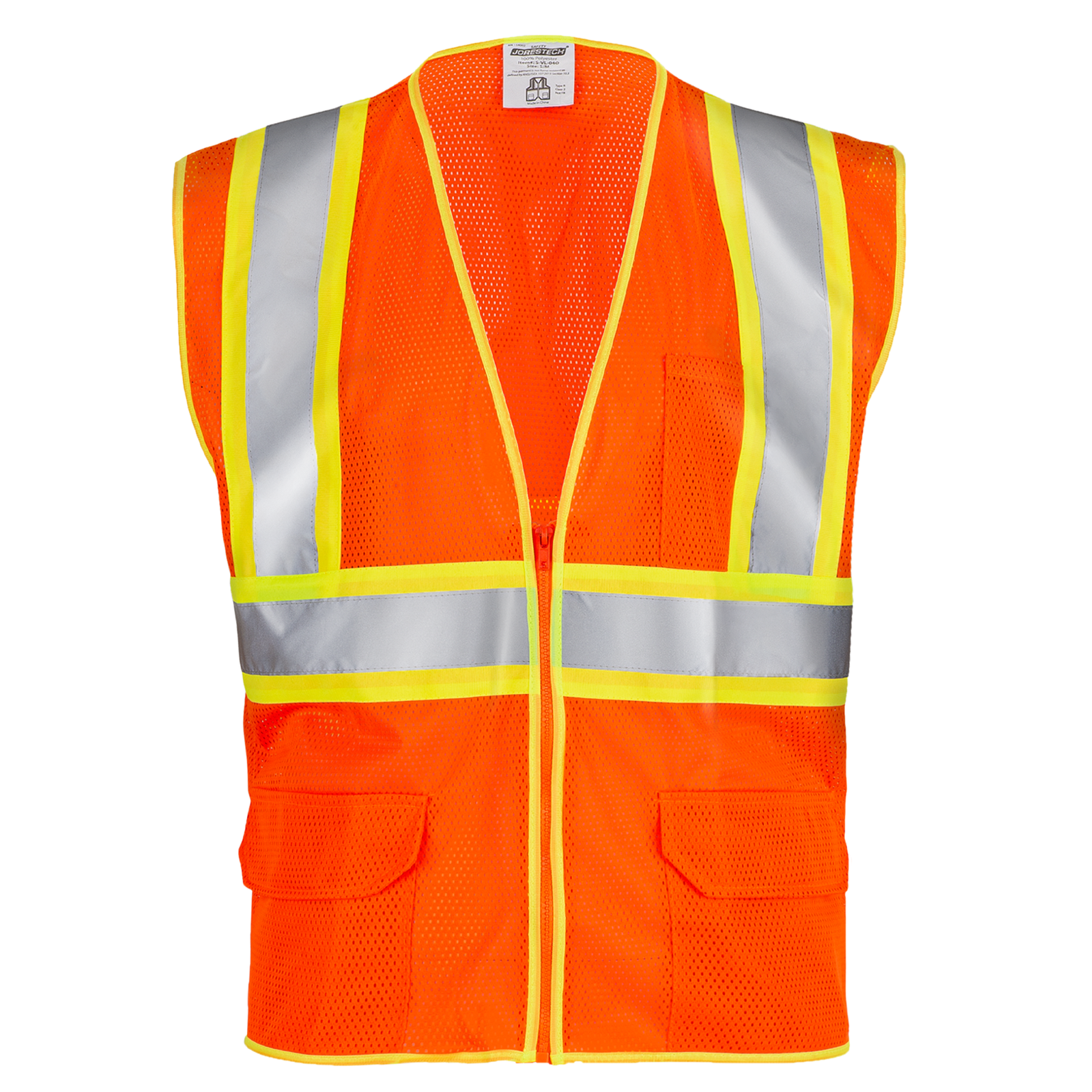 Front view of the hi vis two toned Orange mesh safety ANSI vest with 2 inches reflective strop and pockets 