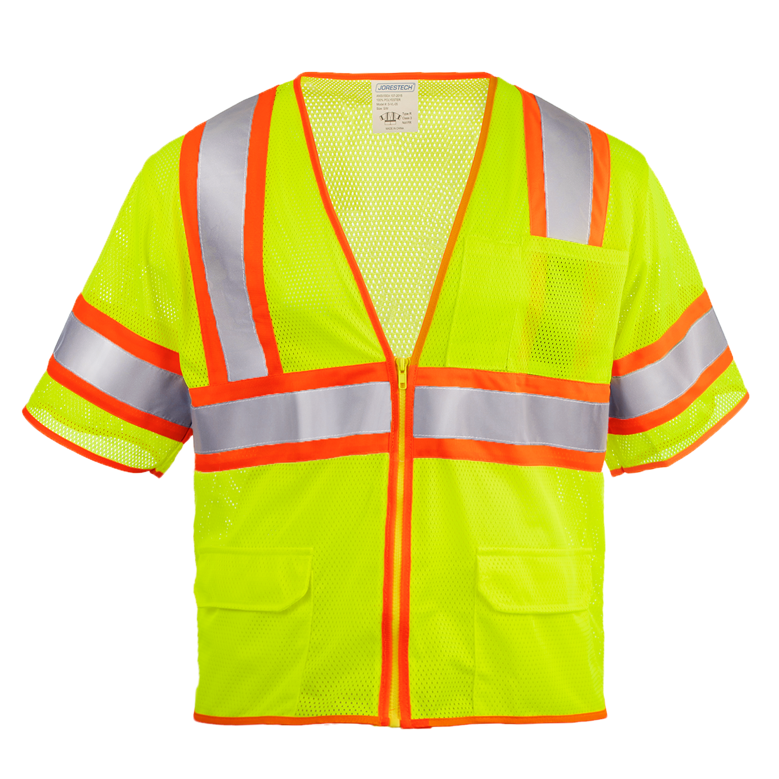 frontal view of the JORESTECH® Hi-Vis two toned mesh sleeved safety vest with 2 inches reflective strips over white background.