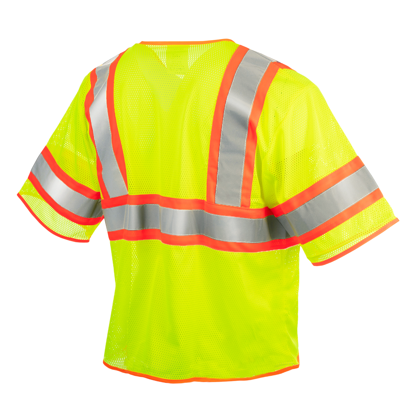 Back view of the JORESTECH® Hi-Visibility two toned mesh sleeved safety vest with reflective strips