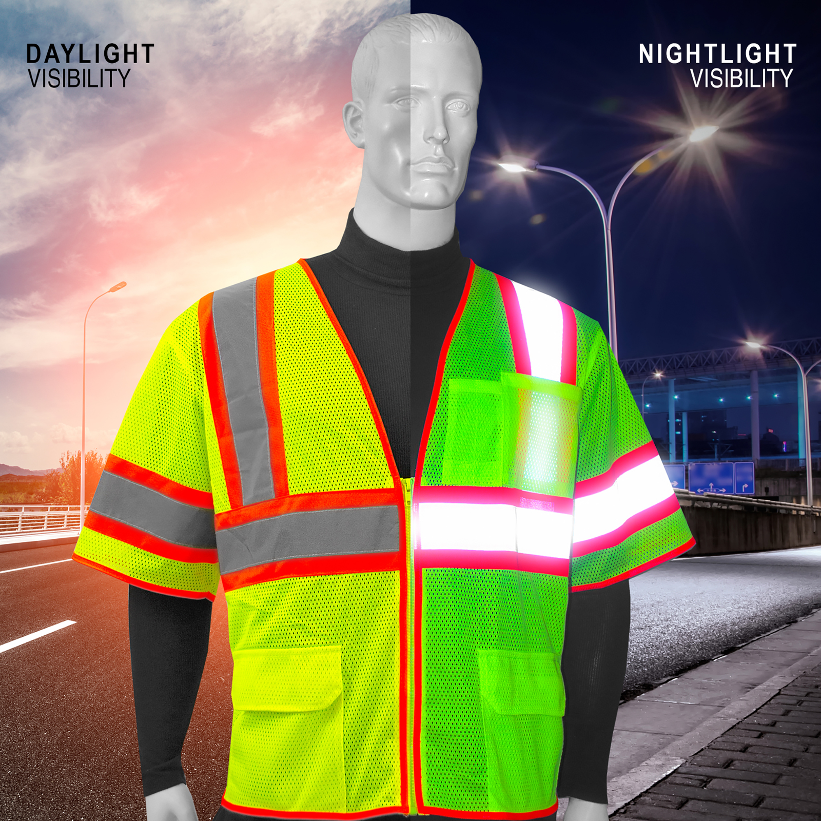 Mannequin wearing a lime Jorestech safety vest comparing how bright it looks during day and night time