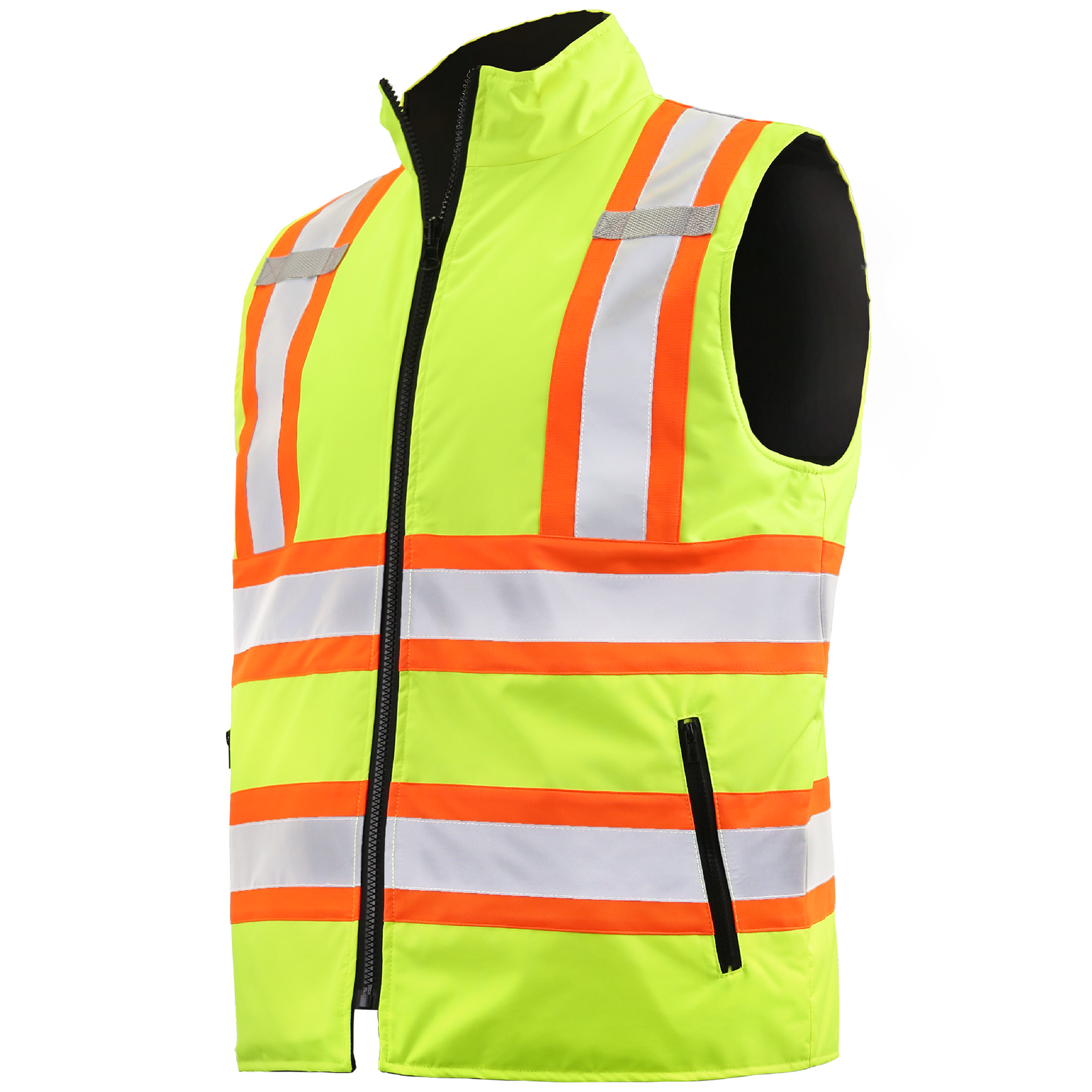 Diagonal view of the yellow JORESTECH vi-vis X on back reversible insulated safety vest with reflective strips