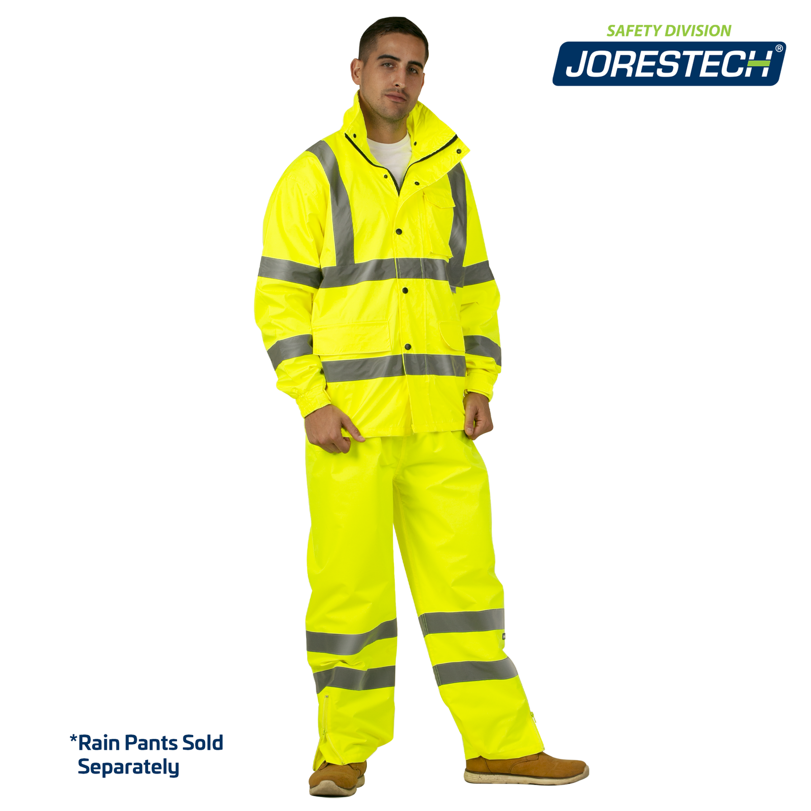 Man wearing the high visibility yellow rain jacket with reflective strips and pants. Small text reads 