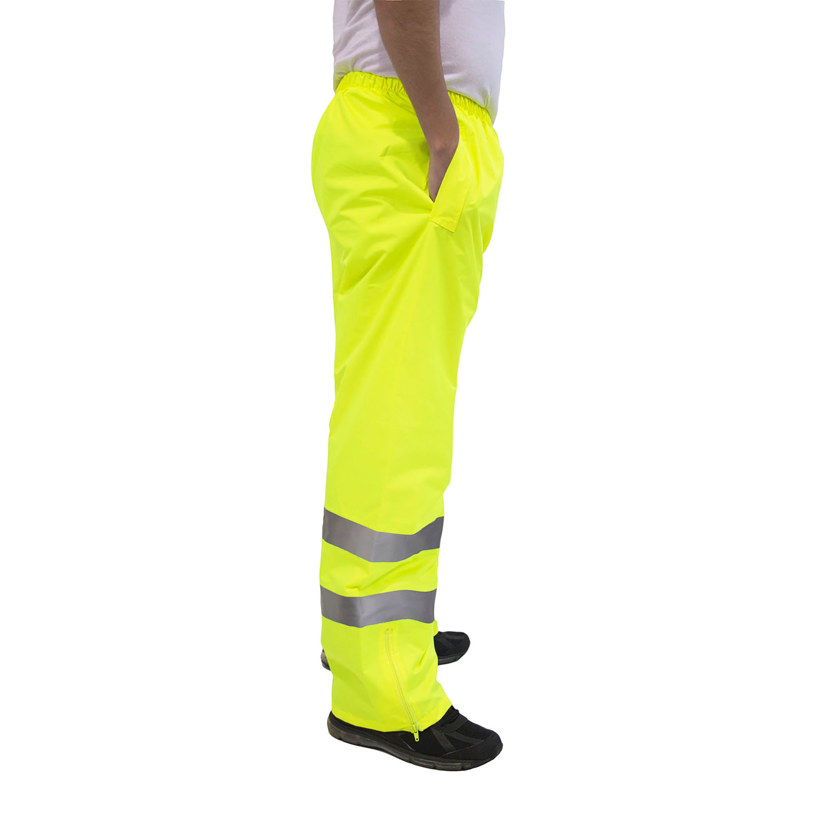 Showing a person wearing the High Visibility rain pants