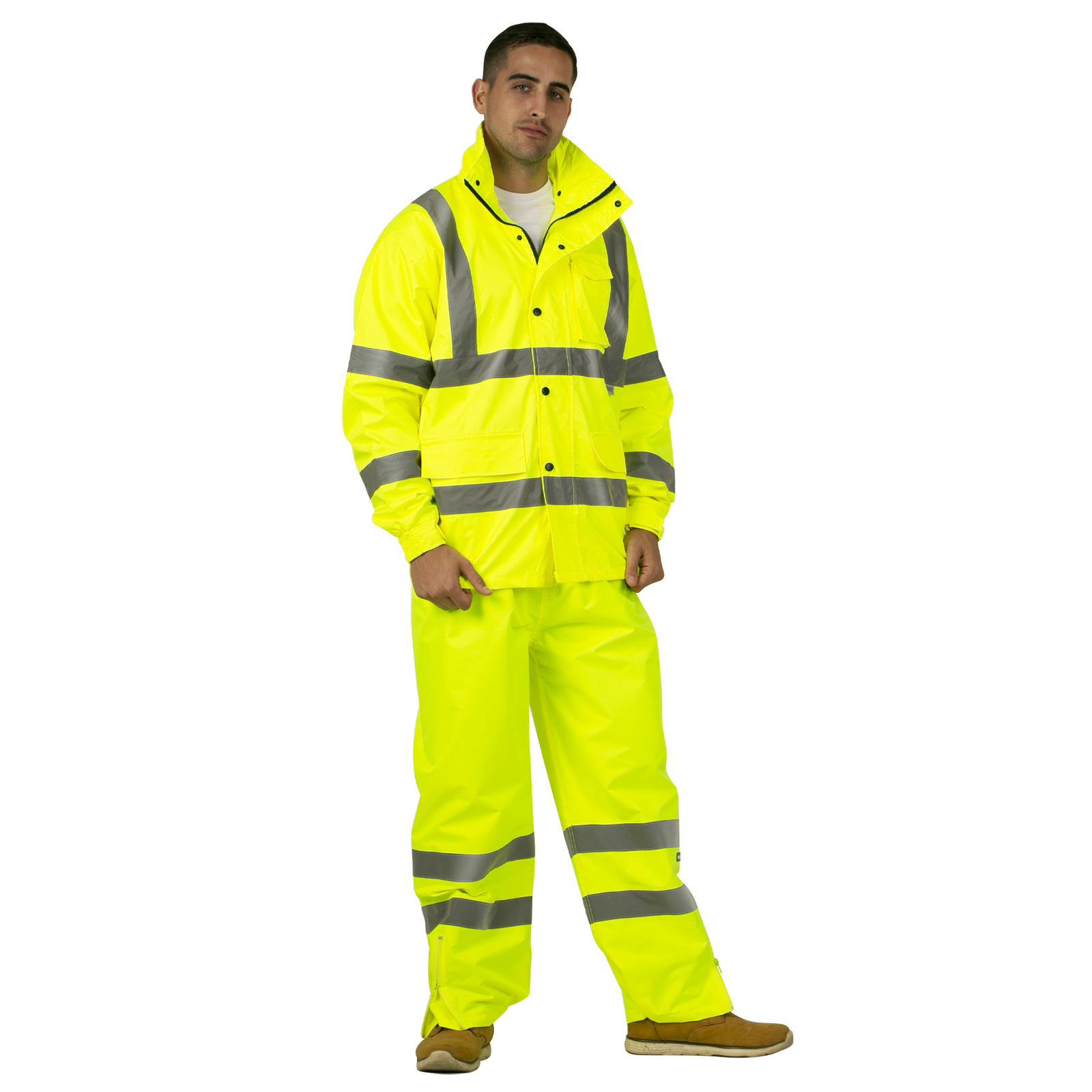 Worker wearing the all yellow high visibility JORESTECH® rain set with 2 inch reflective strips