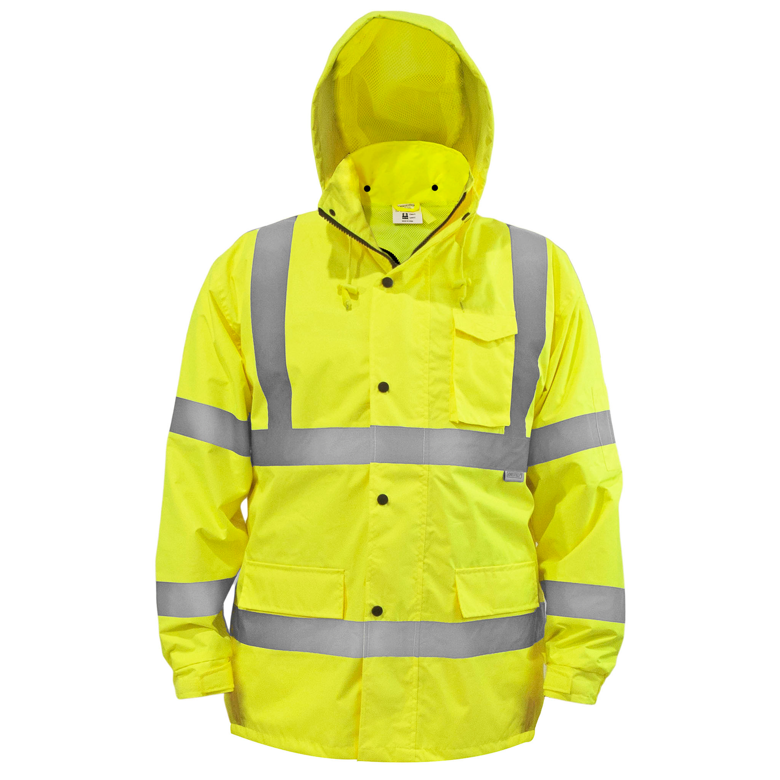 Yellow high visibility rain jacket with hoodie