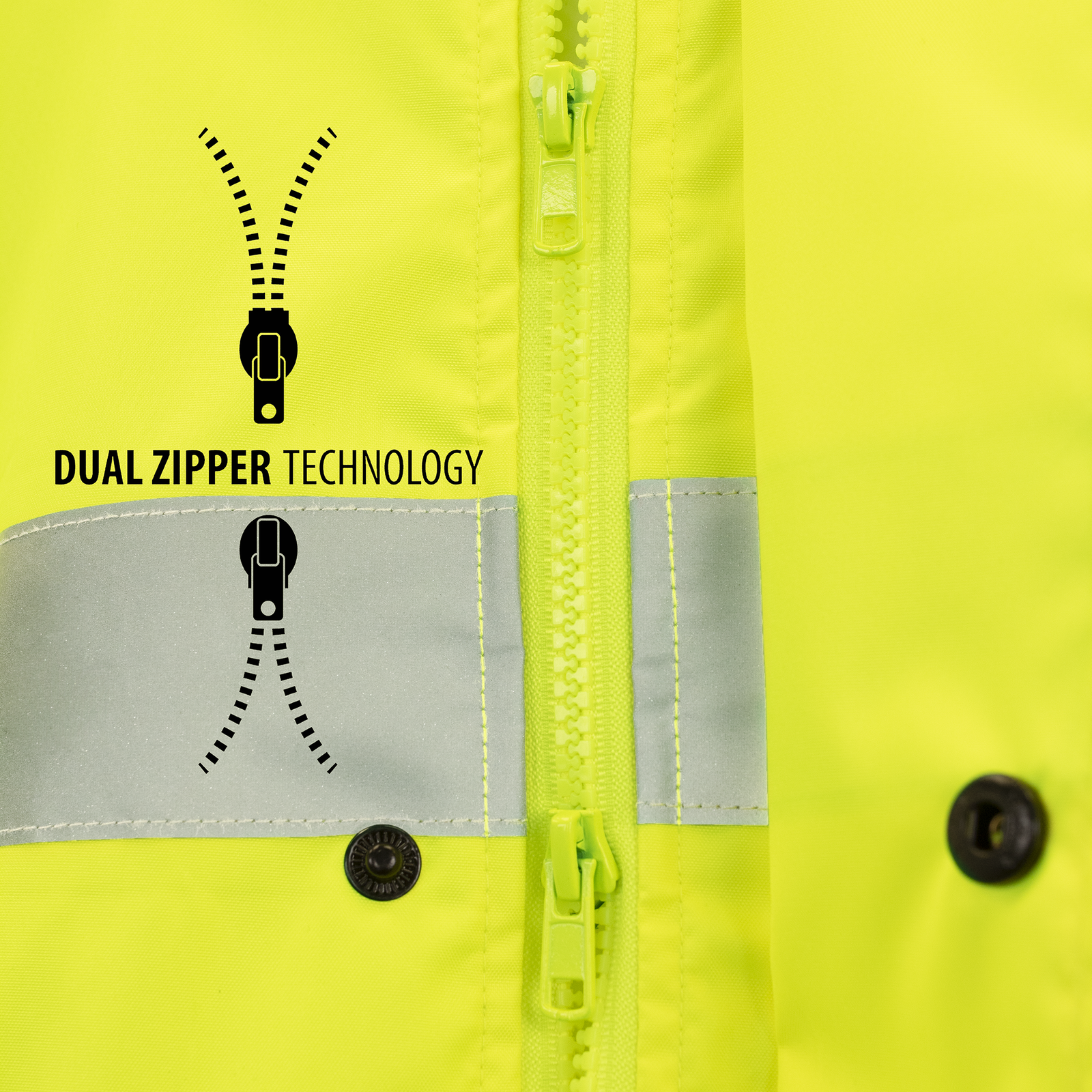 Close up of the high quality zippers of the JORESTECH hi-vis yellow raincoat with reflective strips. Shows that zipper can be open from the bottom as well as from the top. 
