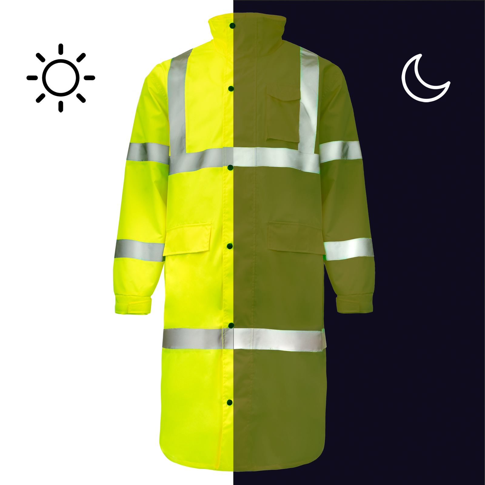 Compairs how the JORESTECH rain coat with reflective strips looks during day time and night time
