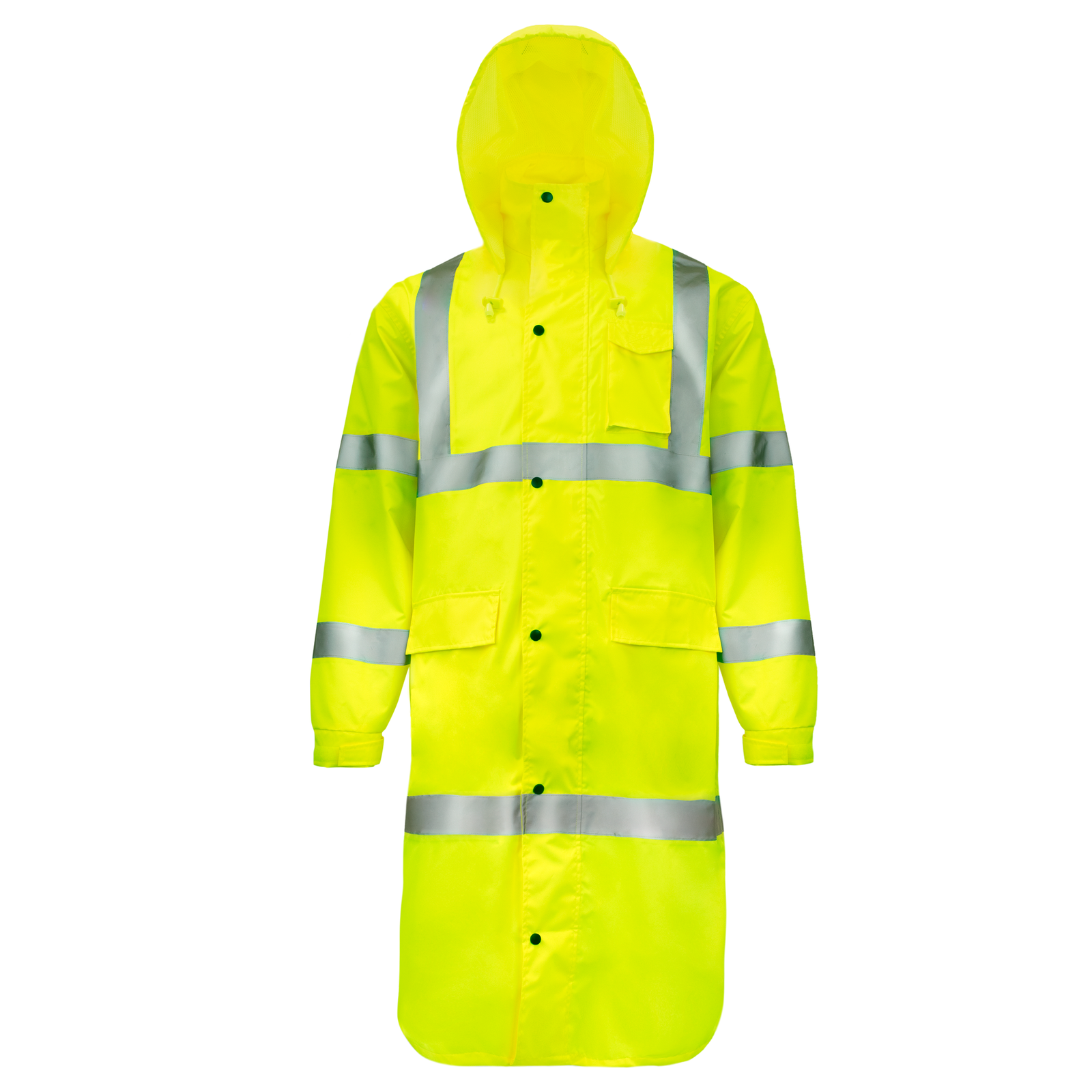 Front view of the JORESTECH hi vis Lime Rain Coat with 2 inch reflective strips and hoodie