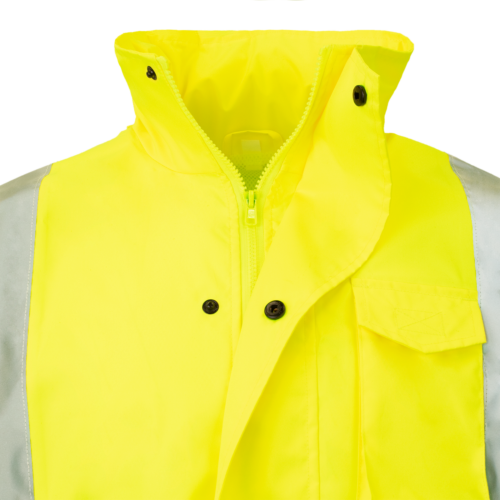 Close up of the collar and the high quality zipper of the JORESTECH safety waterproof rain coat with reflective strips