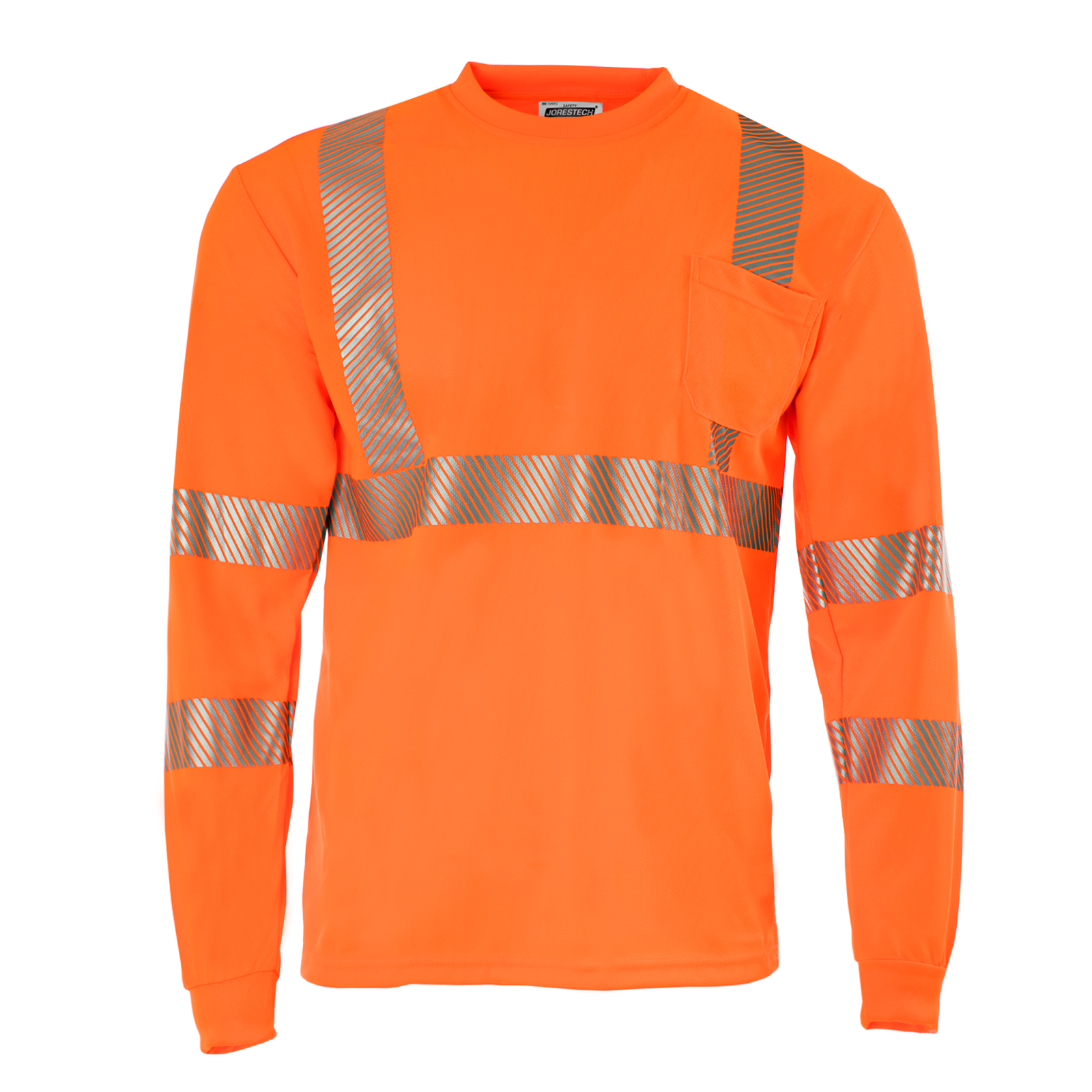 Front view of the JORESTECH Hi-Vis orange heat transfer reflective long sleeve safety pocket breathable shirt