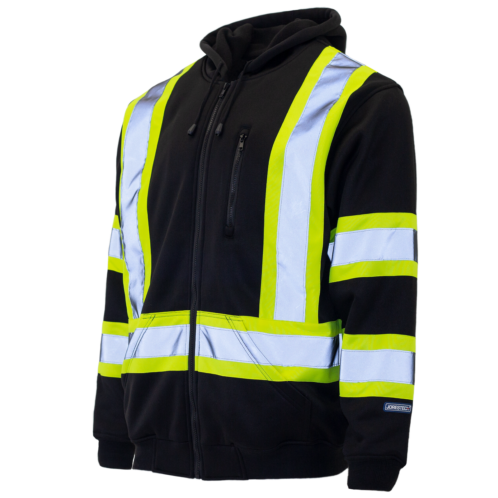 Diagonal view of the JORESTECH hi-vis safety hooded black and yellow sweatshirt with reflective stripes