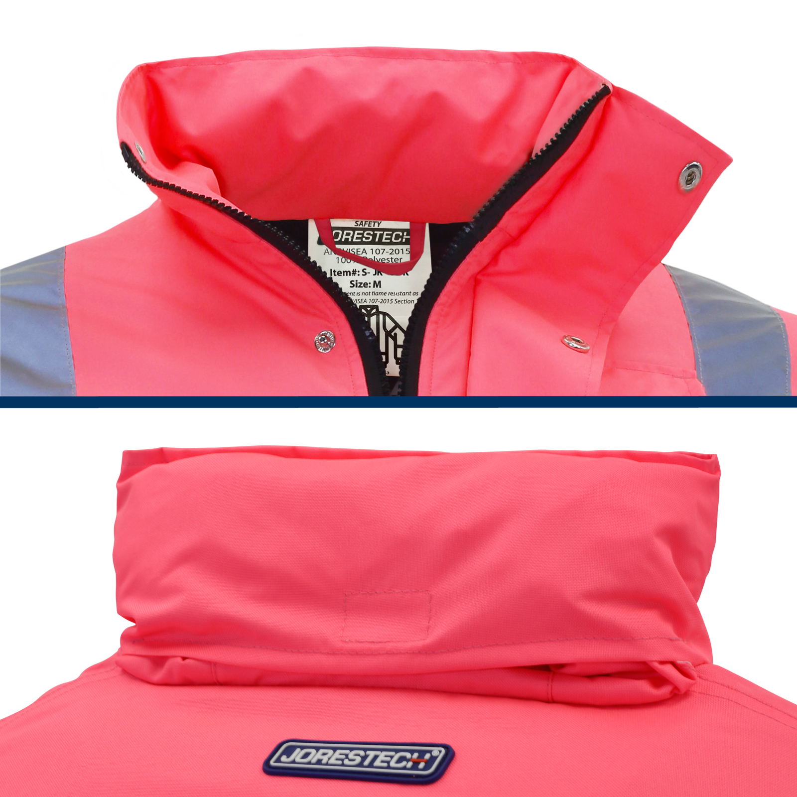 Shows a closeup of the zipper and he flap to cover the zipper of the Jorestech pink weather proof safety jacket. Also shows the pocket were the hoodie is tucked inside