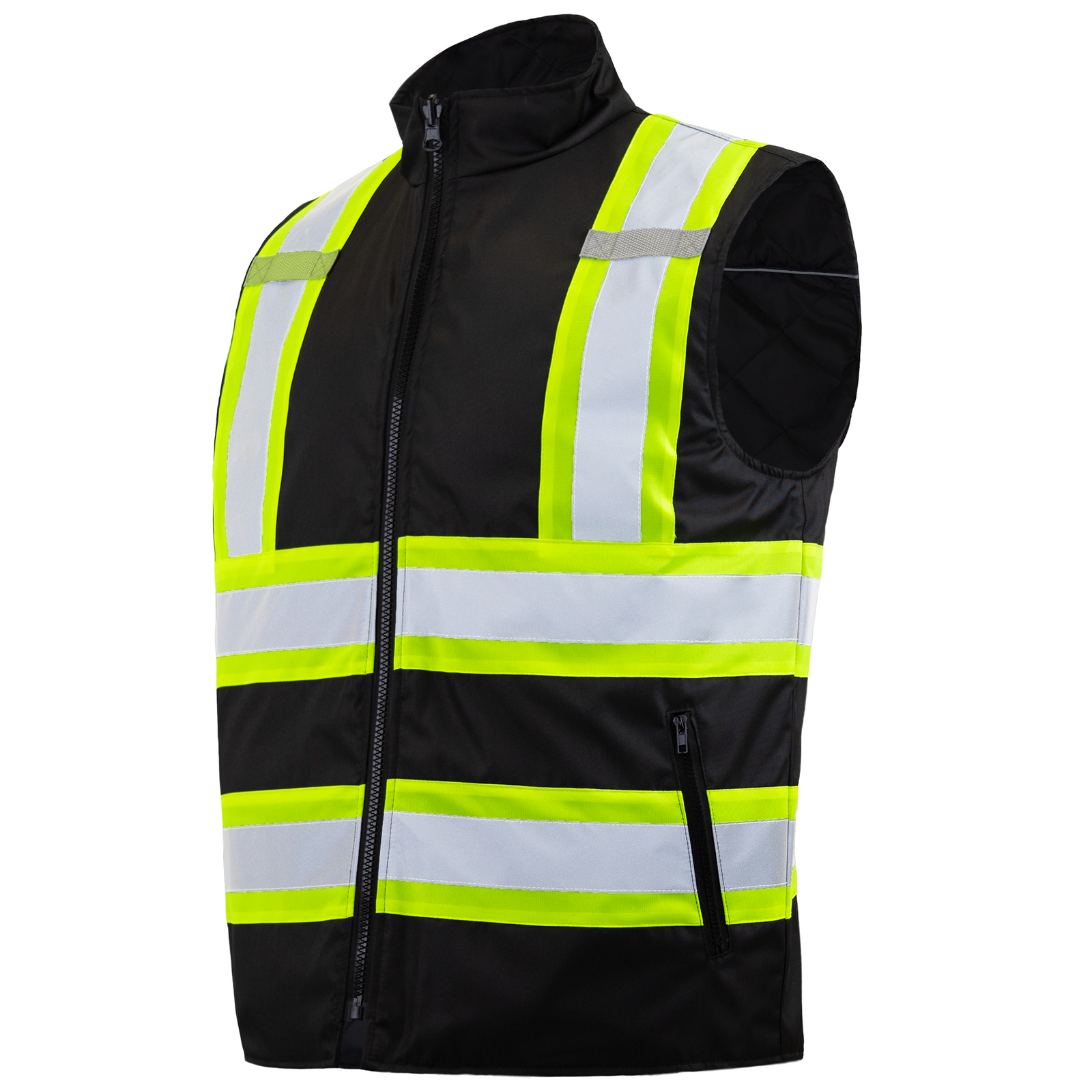 Diagonal view of the JORESTECH® reflective black reversible insulated safety vest ANSI class 1 type O
