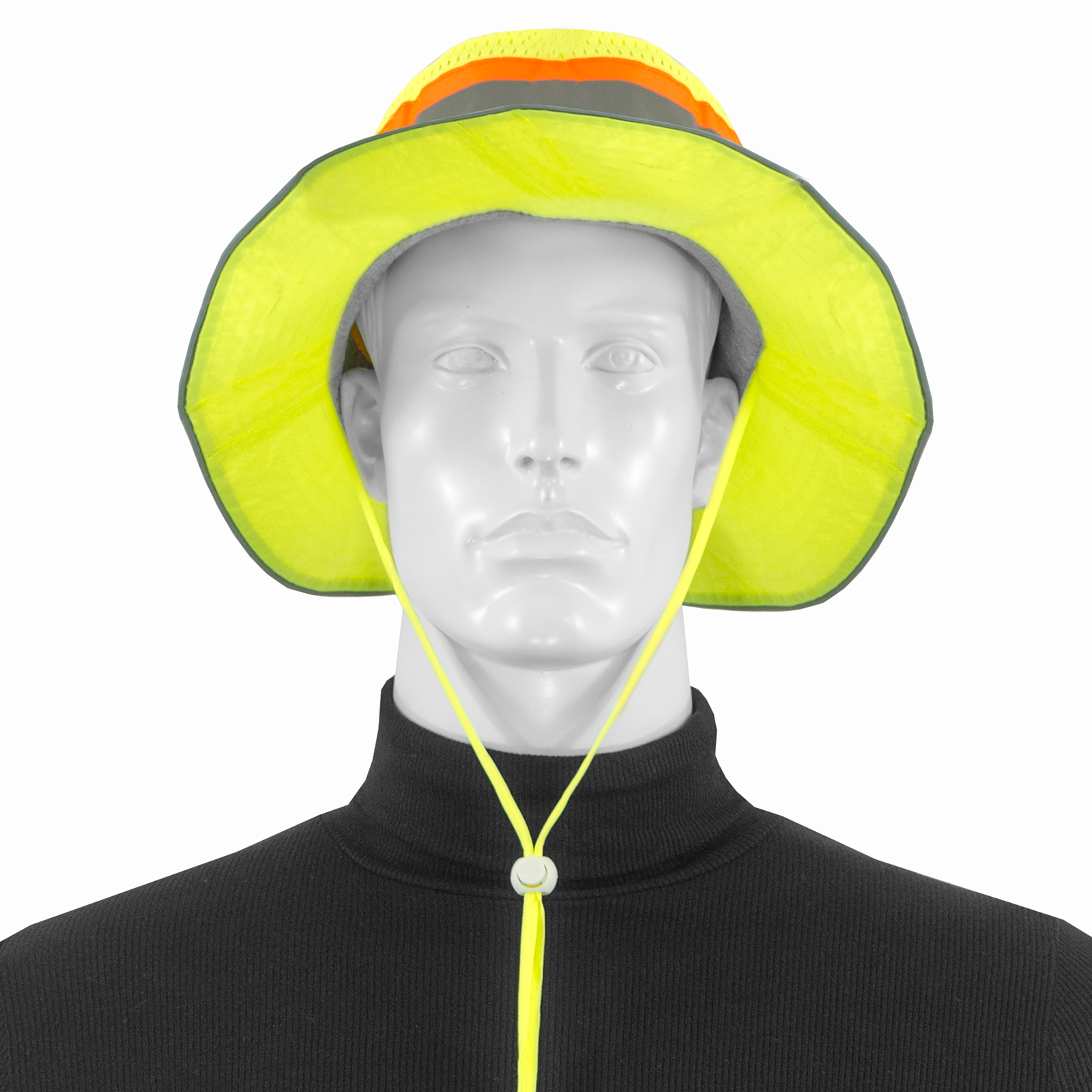 Front view of a mannequin wearing a hi-vis lime JORESTECH safety boonie hat with reflective and orange stripes