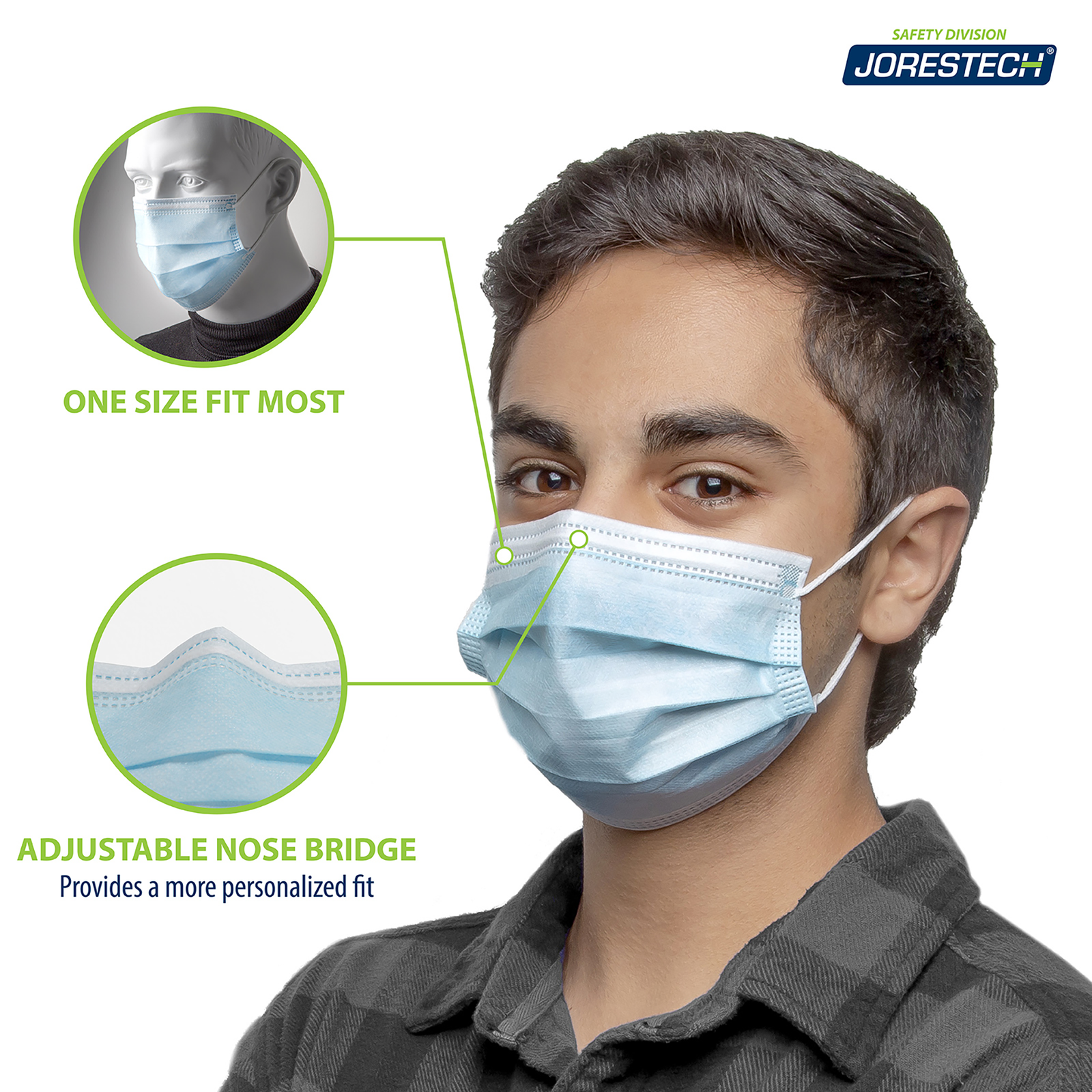 A man wearing the 3 ply safety mask and call outs read: One size fits most and adjustable nose bridge Provides a more personalized fit.