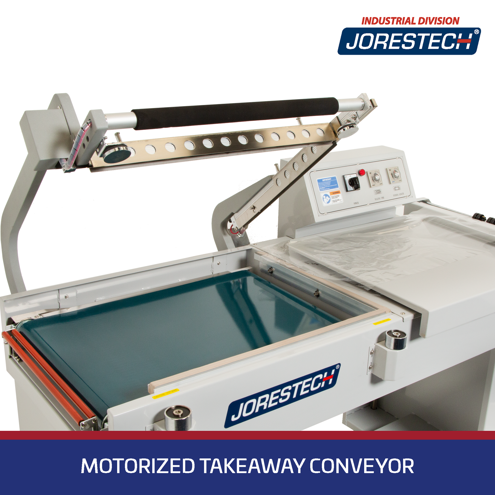 Blue banner at the bottom with a white text reads: Motorized Takeaway Conveyor. Close-up shot of the conveyor on an L type heat sealer.