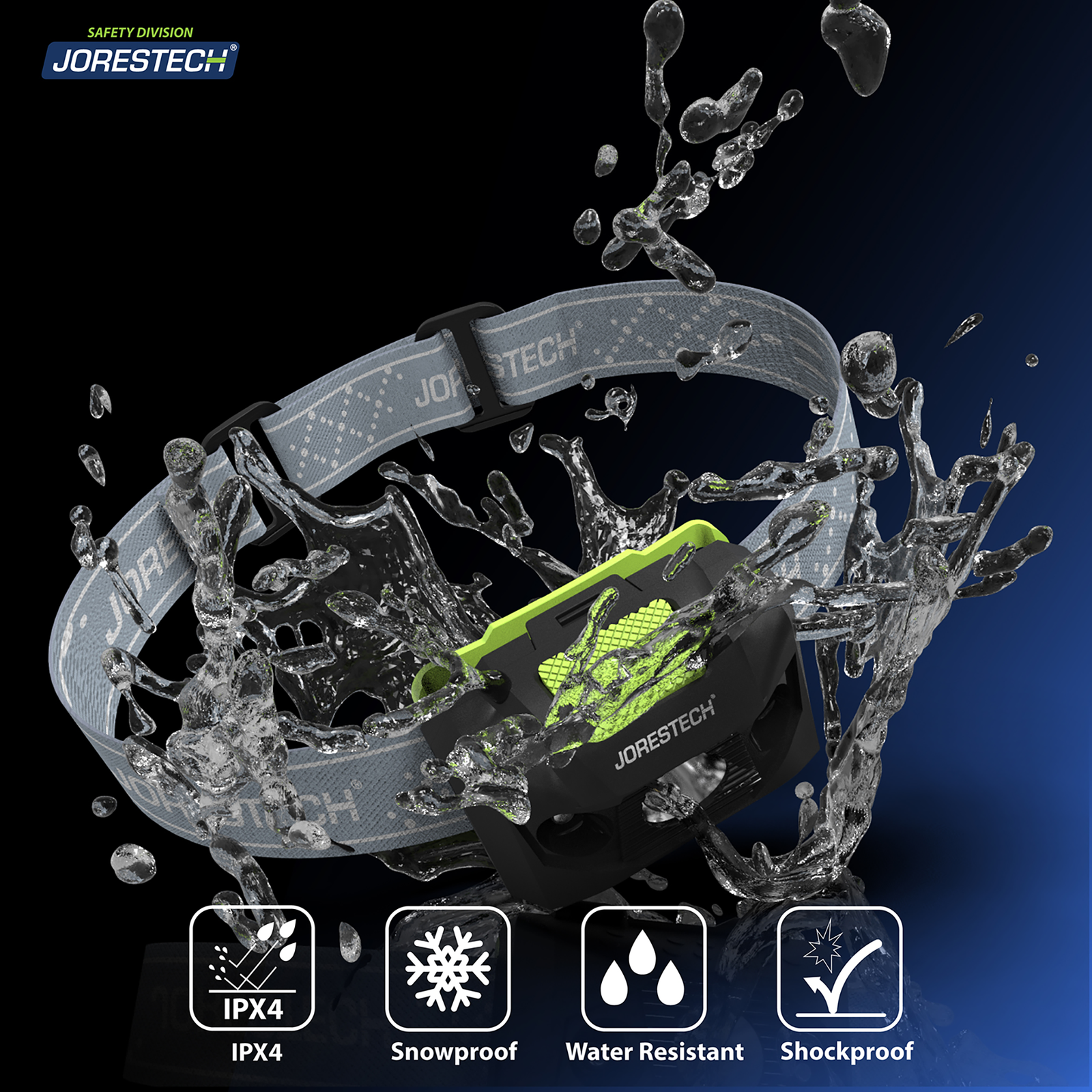 Black head lamp been splashed by water to show that the are water resistant, snow resistant and shockproof