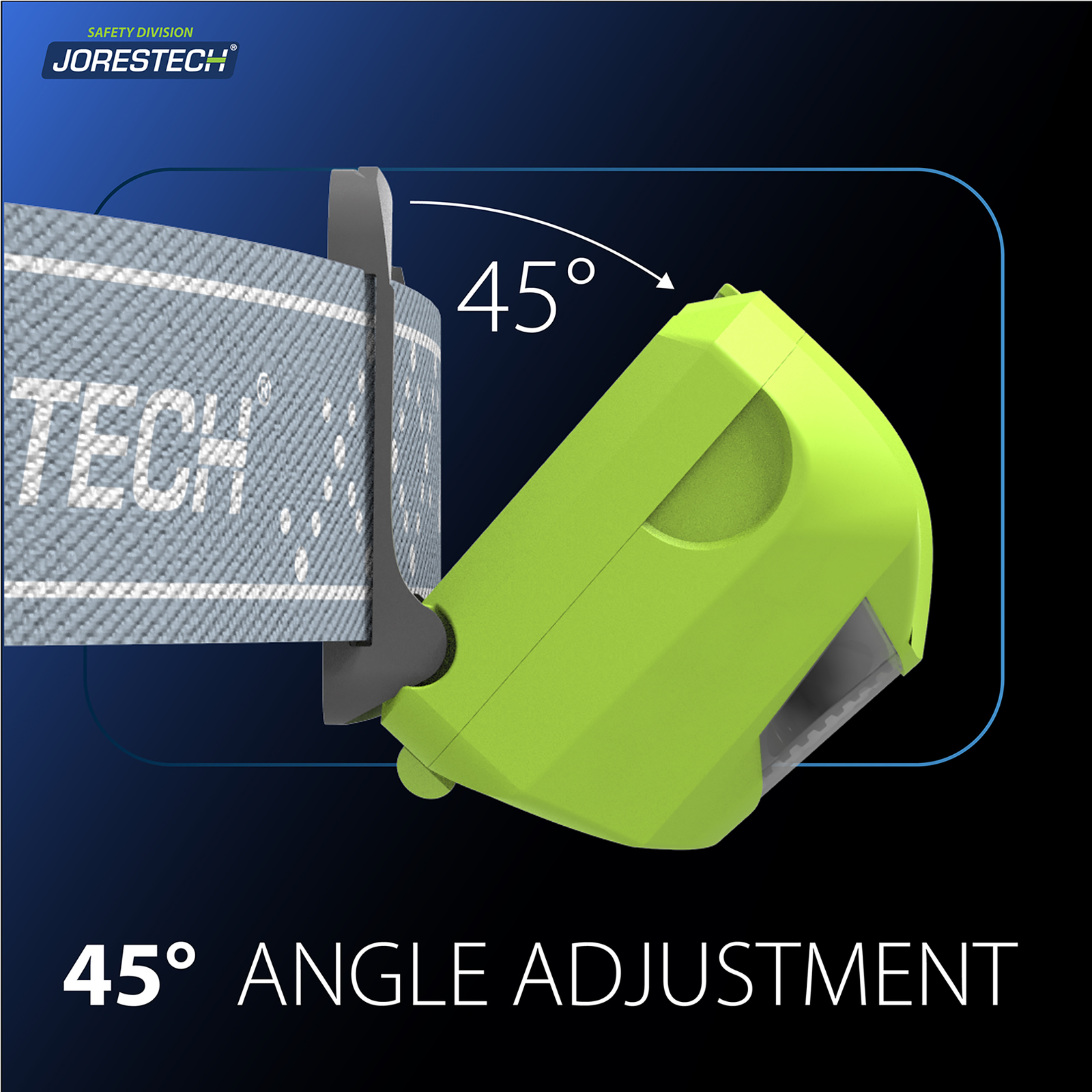 Show the JORESTECH® head lamp tilted 45 degrees for angle adjustment.
