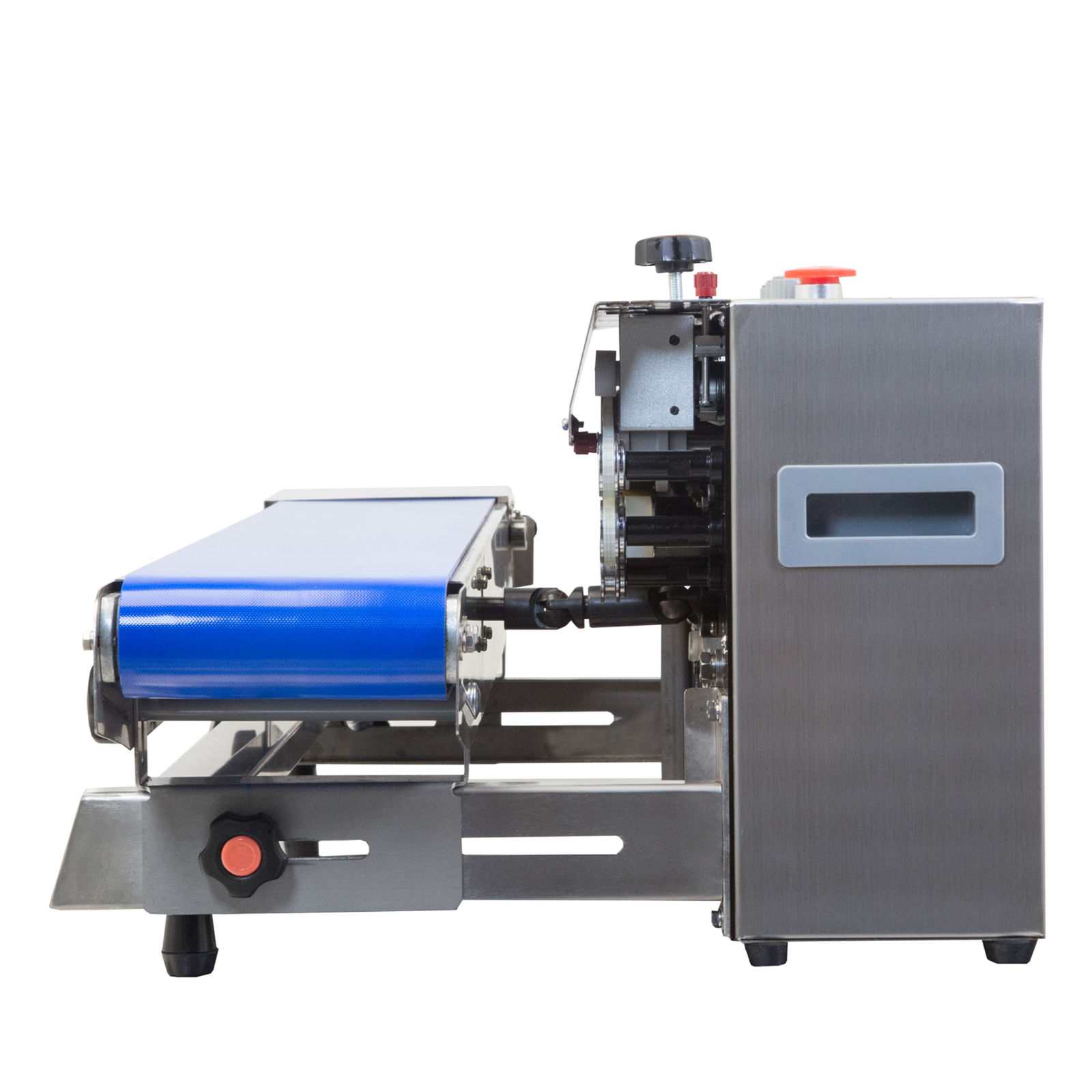side view of stainless steel JORES TECHNOLOGIES® band sealer with blue band and coder