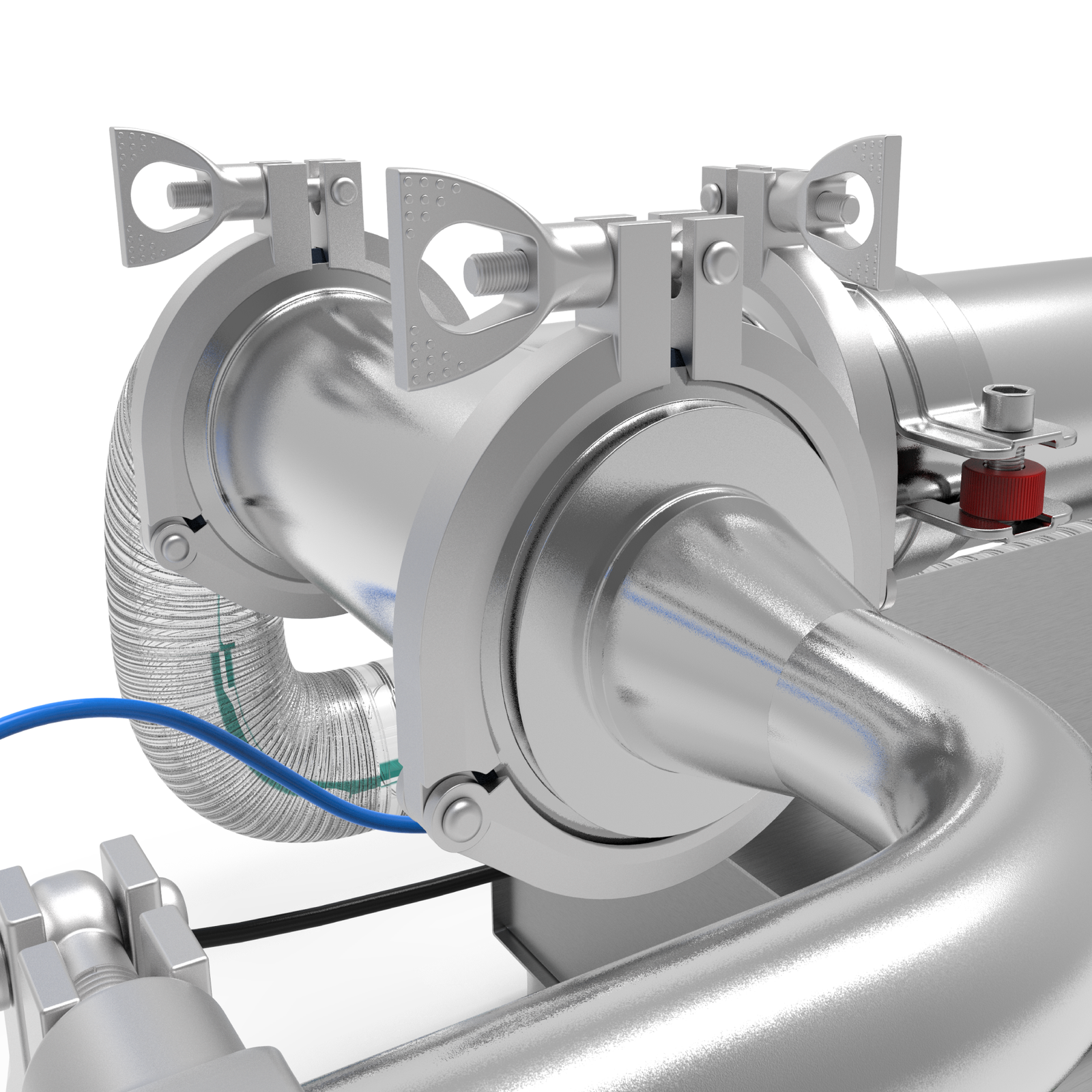 Closeup of the tri clamps and main input hose of the JORES TECHNOLOGIES® Piston filler