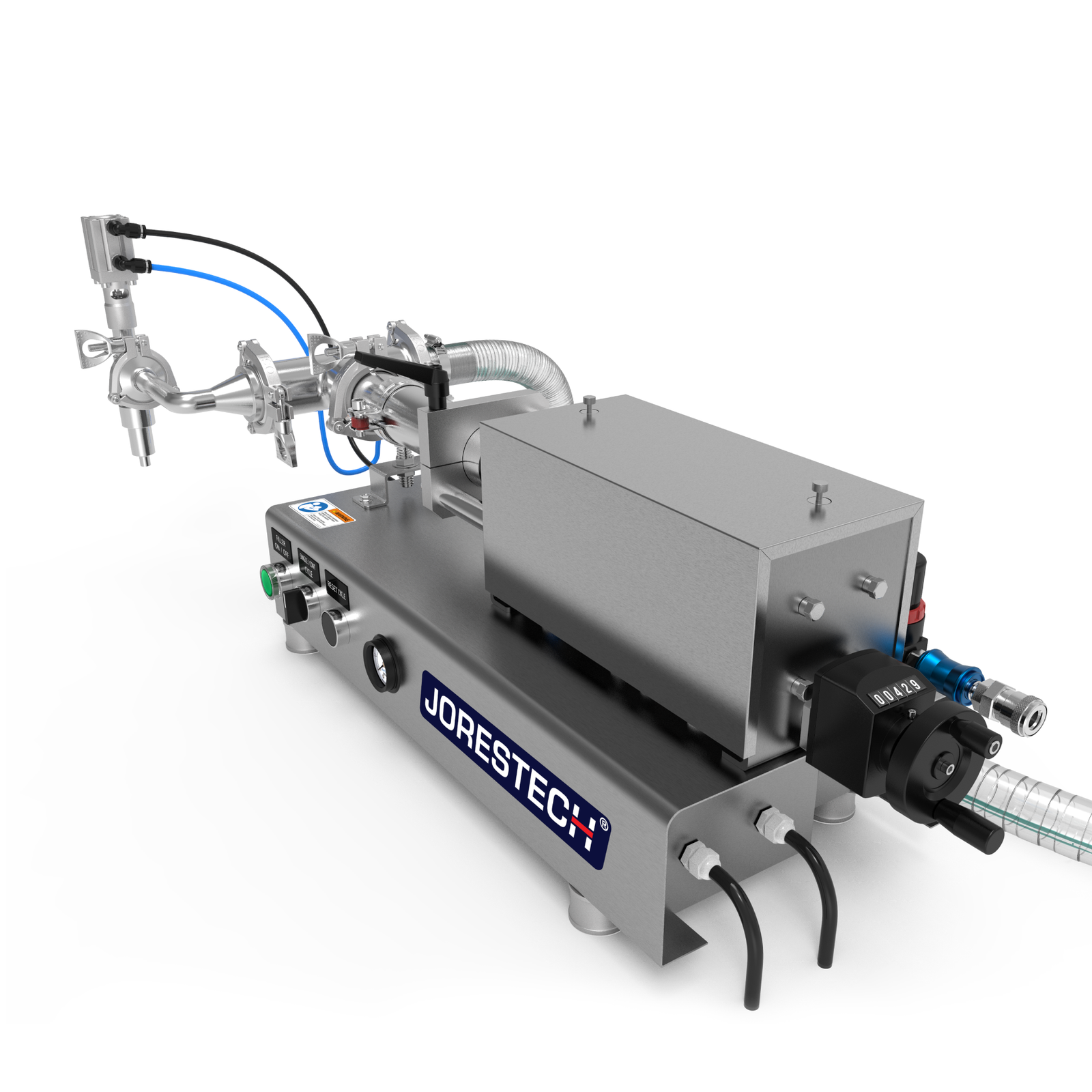 Low viscosity JORES TECHNOLOGIES® liquid filling machine. The fill volume adjuster, main input hose, and compressed air connector can be easily appreciated
