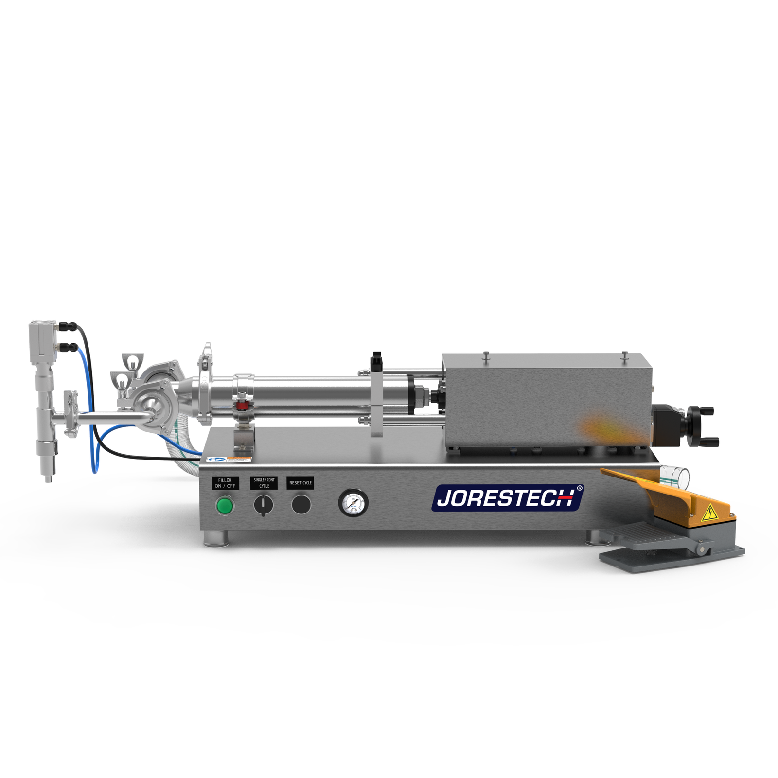 The stainless steel low viscosity JORES TECHNOLOGIES® piston filling machine in a frontal view. The piston filler is made out of stainless steel and there's a yellow and grey foot pedal resting on the side.