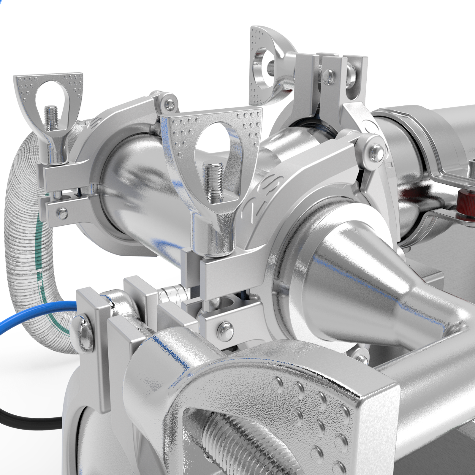 Closeup of the tri clamps and main input hose of the JORES TECHNOLOGIES® Piston filler for 500ml containers
